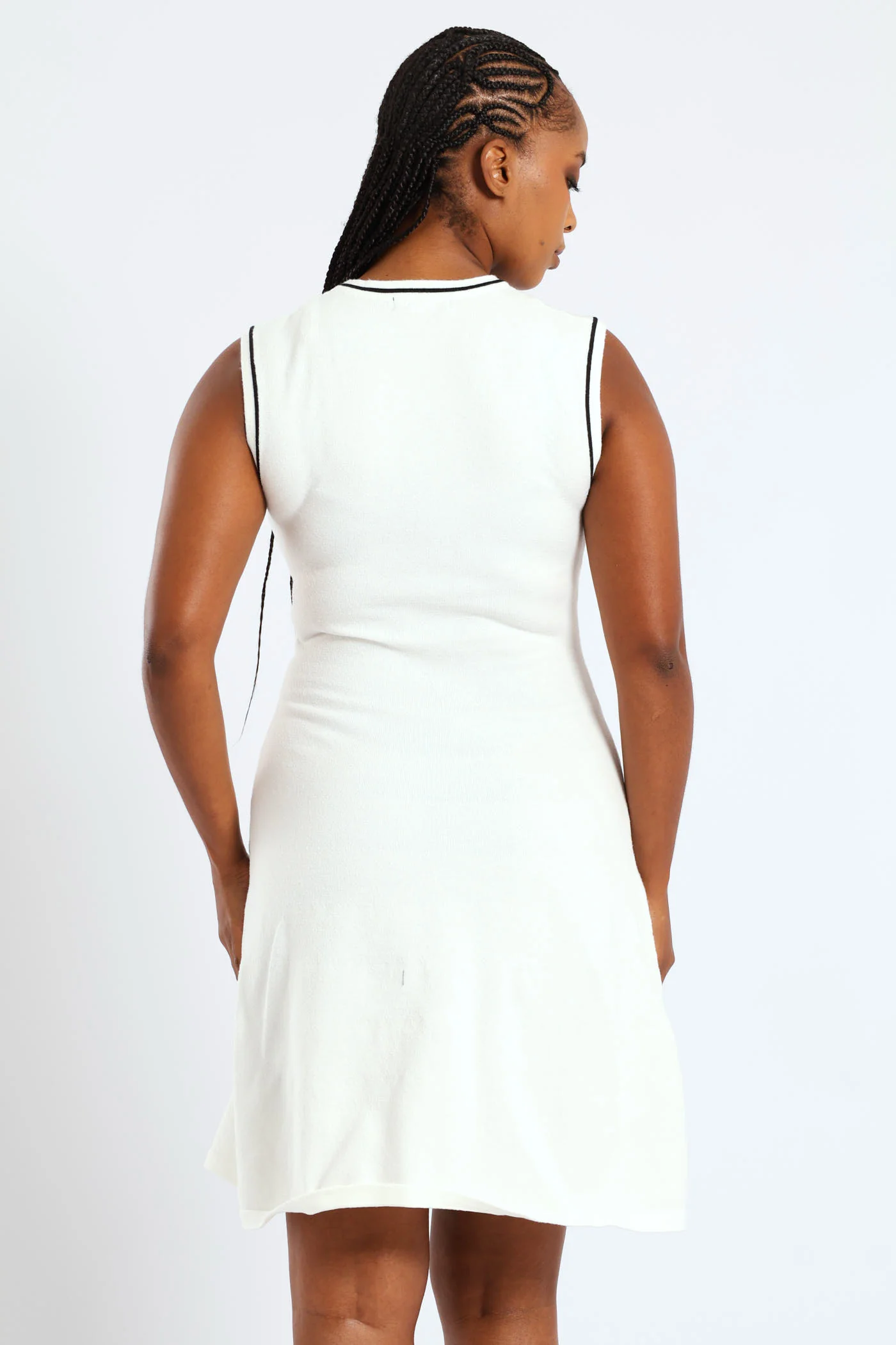 Panelled Tipped Skater Knitwear Dress - Cream - Image 4