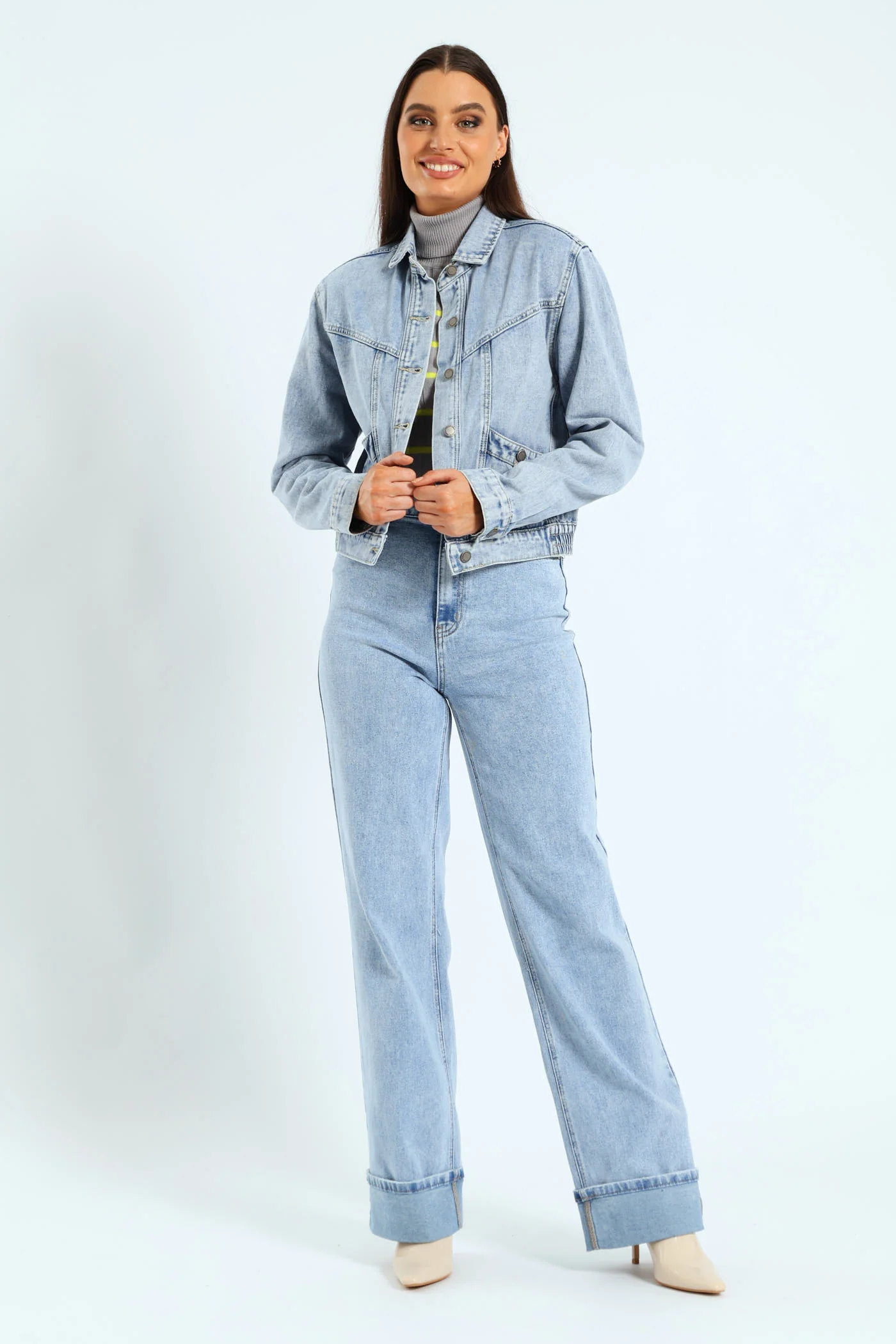 Panelled Denim Bomber Jacket - Light Wash - Image 6