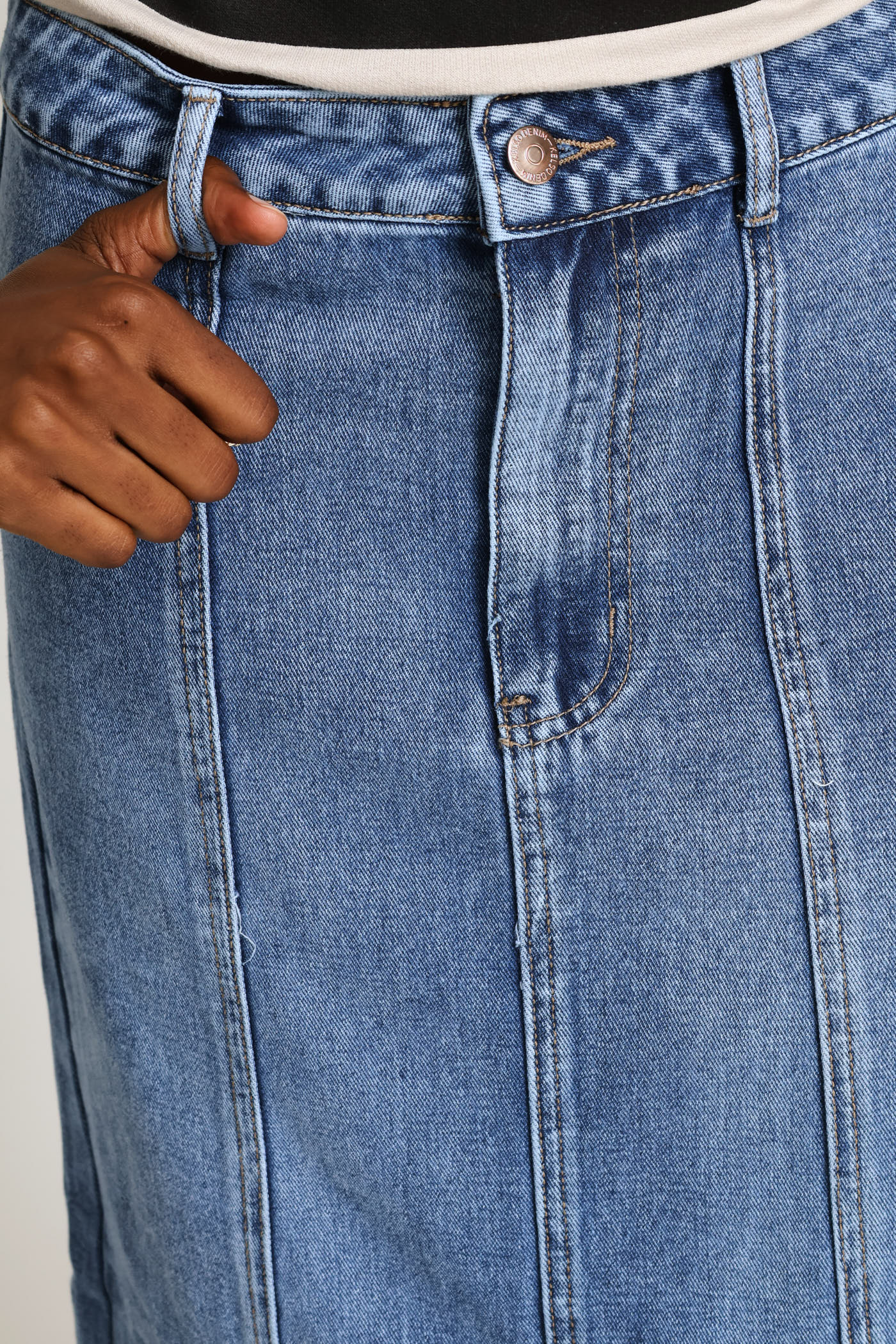 Panelled Denim Maxi Skirt With Back Slit - Mid Wash - Image 5
