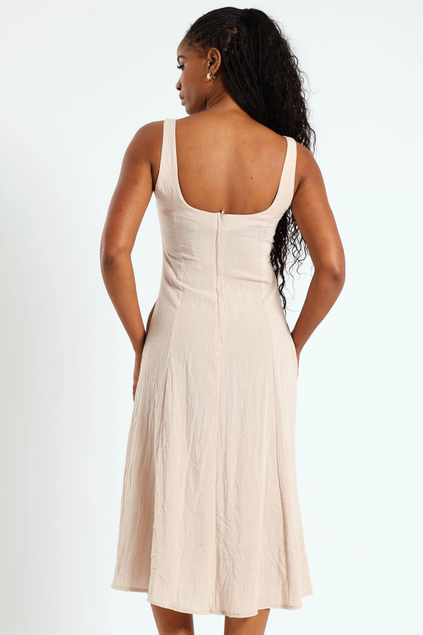 Pannelled Fit & Flare Linen Midi Dress - Stone - Image 2