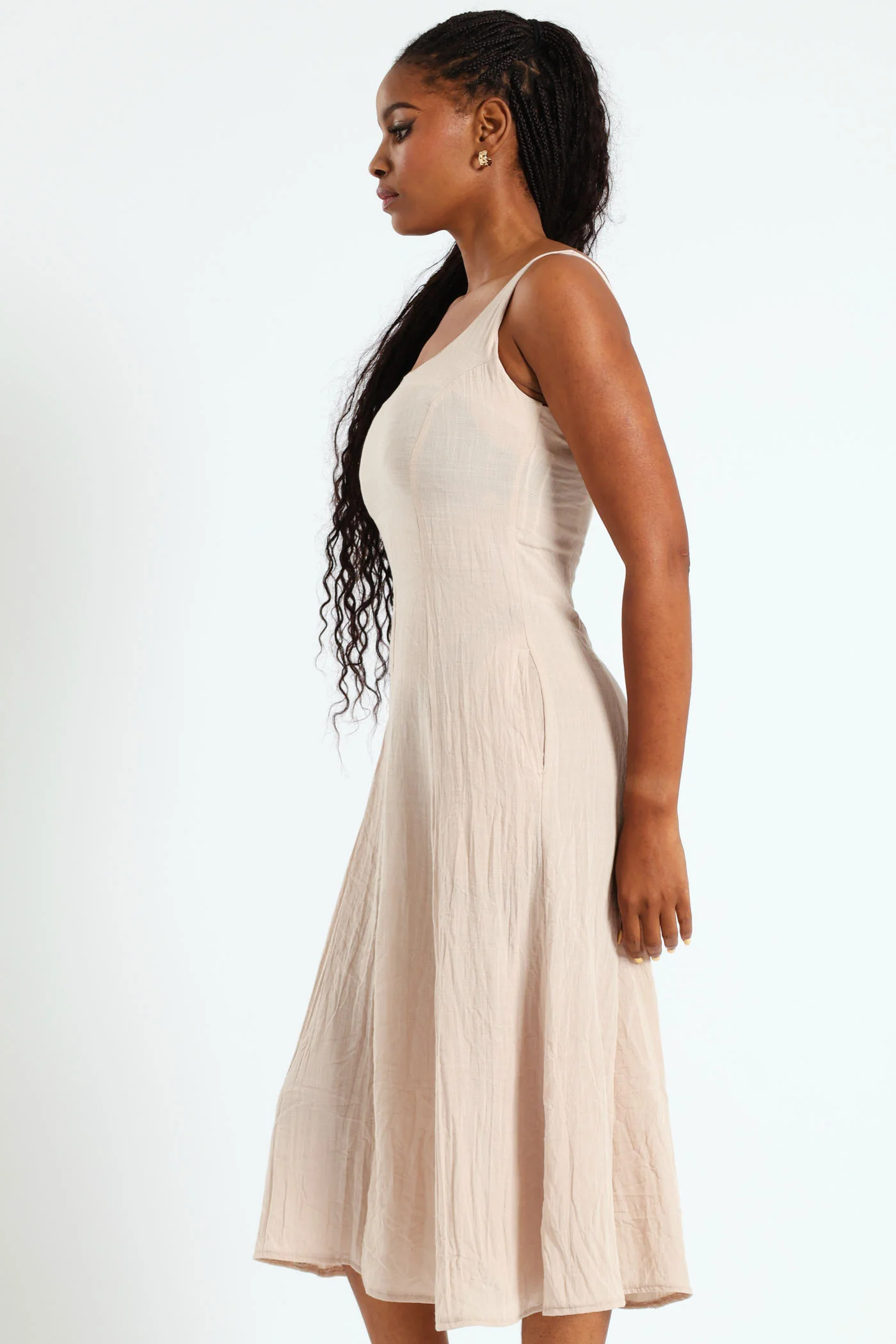 Pannelled Fit & Flare Linen Midi Dress - Stone - Image 3