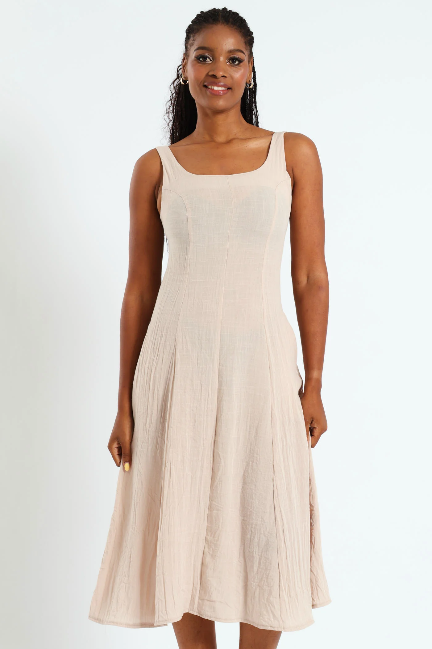 Pannelled Fit & Flare Linen Midi Dress - Stone - Image 4