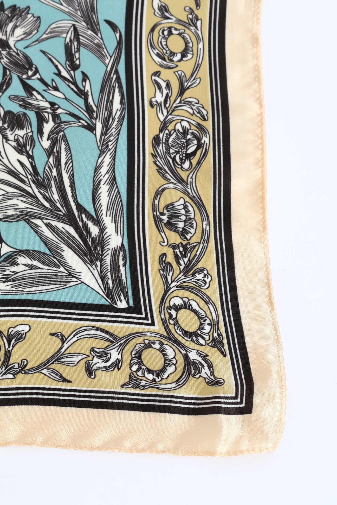 Pastel Floral Border Print Satin Feel Scarf - Light Blue - Image 2