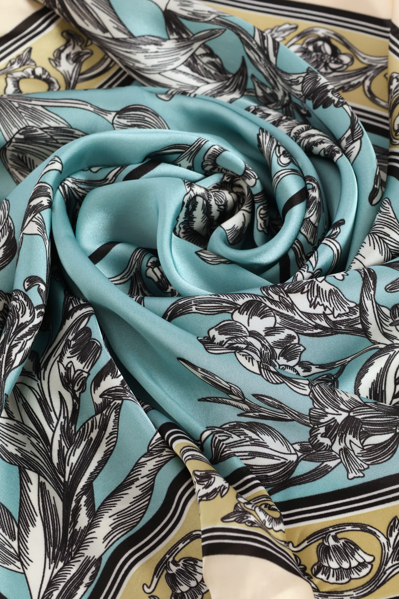 Pastel Floral Border Print Satin Feel Scarf - Light Blue - Image 4