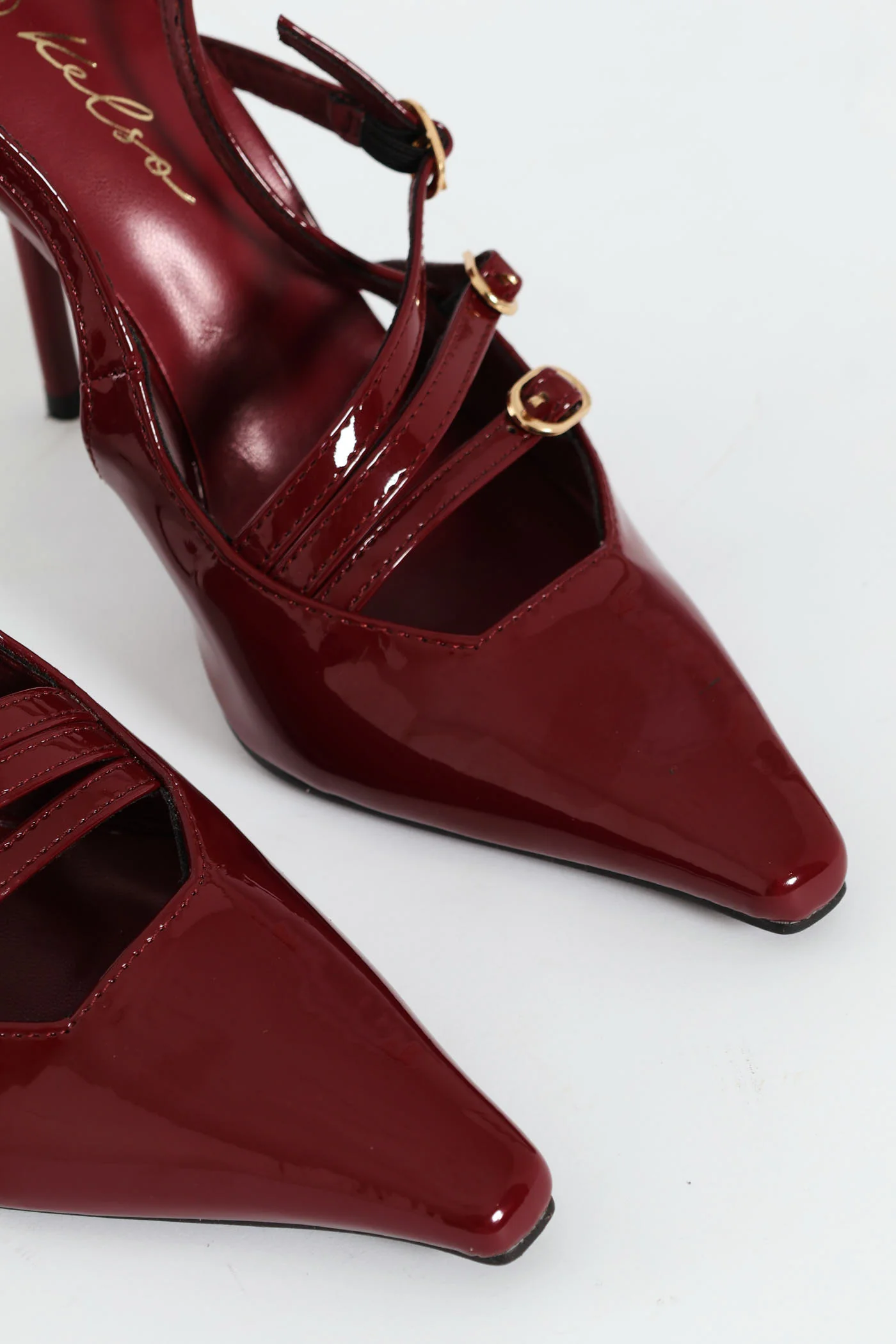 Patent Pointy Buckle Multistrap Slingback Heel - Burgundy - Image 2