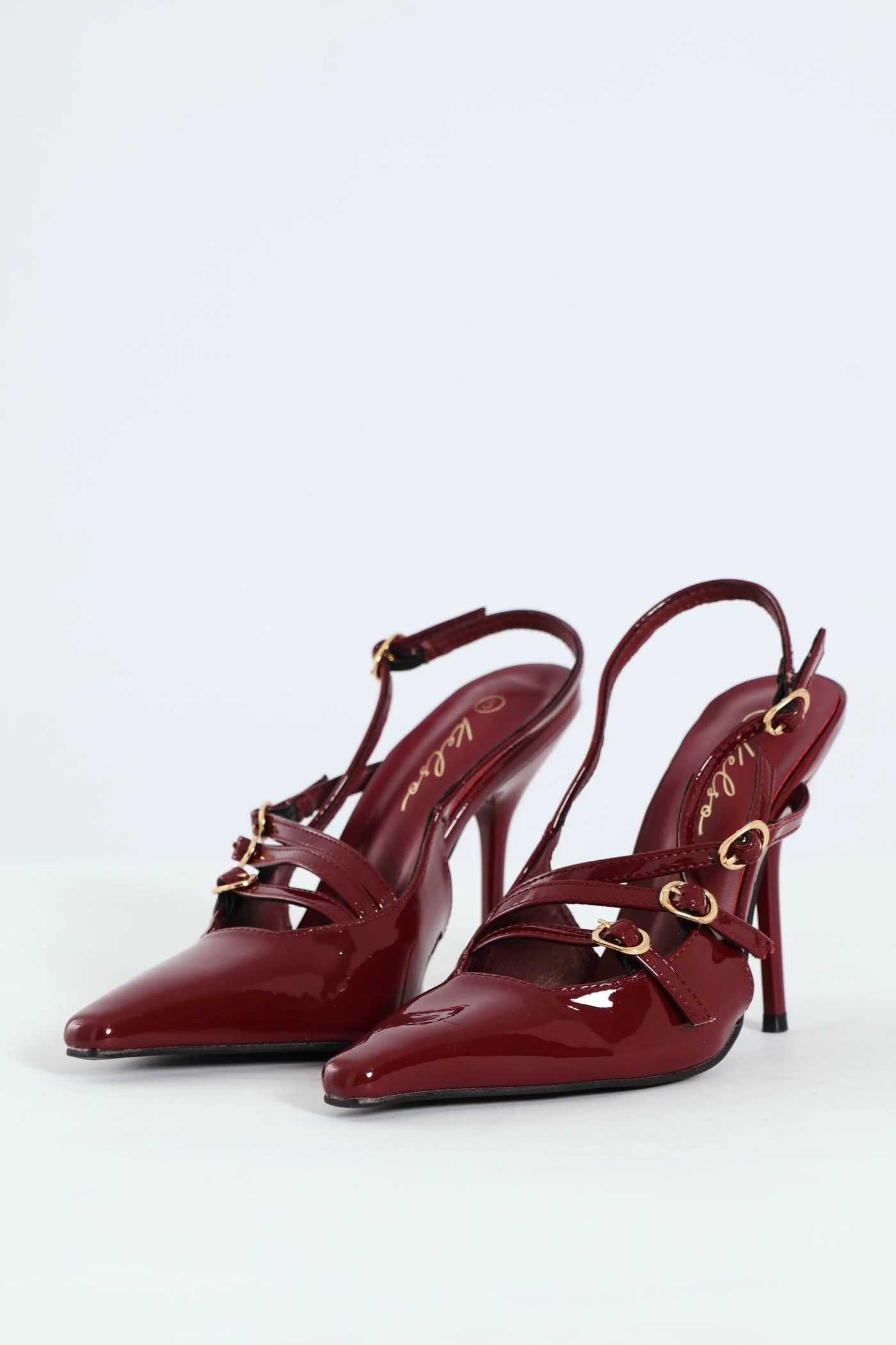 Patent Pointy Buckle Multistrap Slingback Heel - Burgundy - Image 3