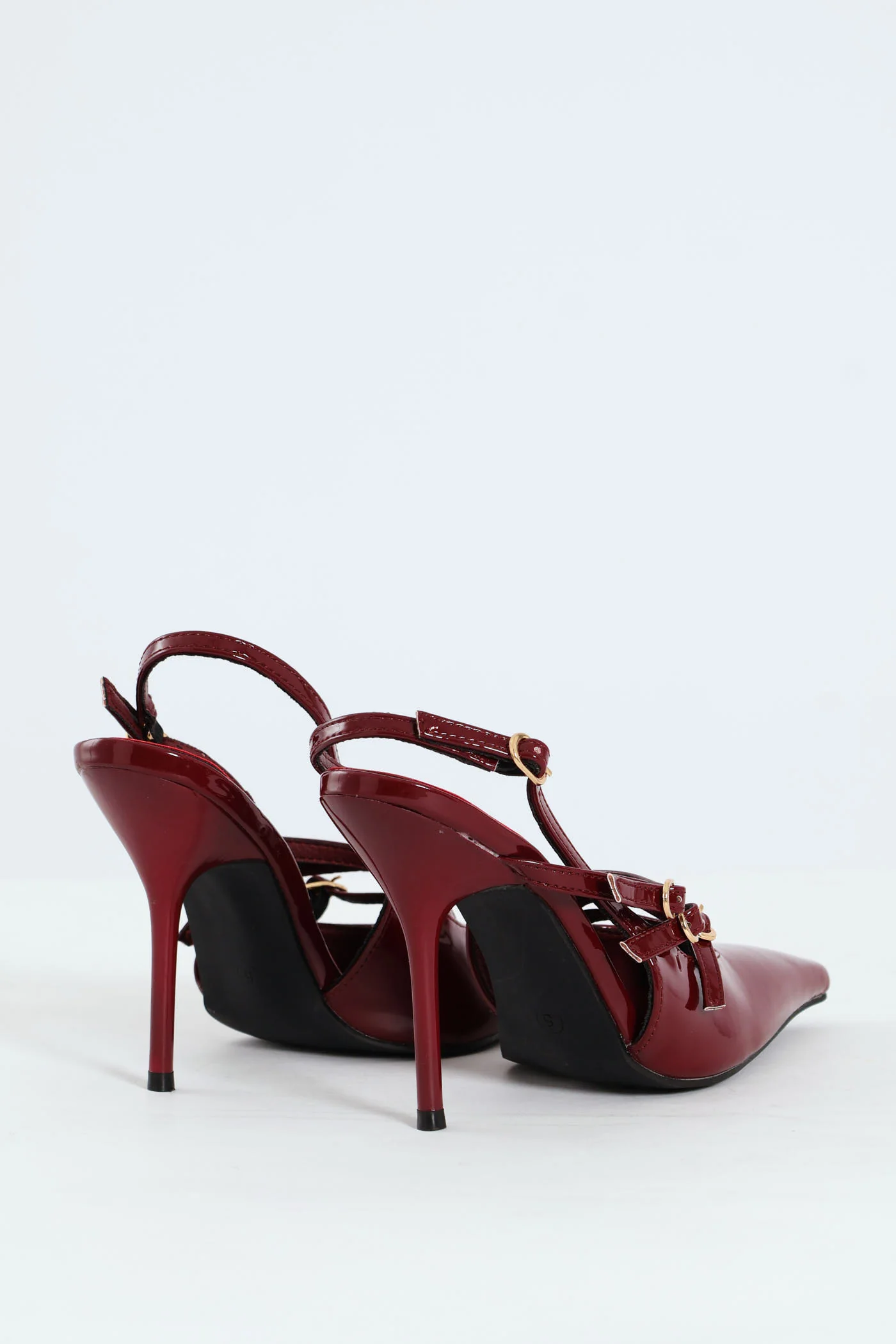 Patent Pointy Buckle Multistrap Slingback Heel - Burgundy - Image 4