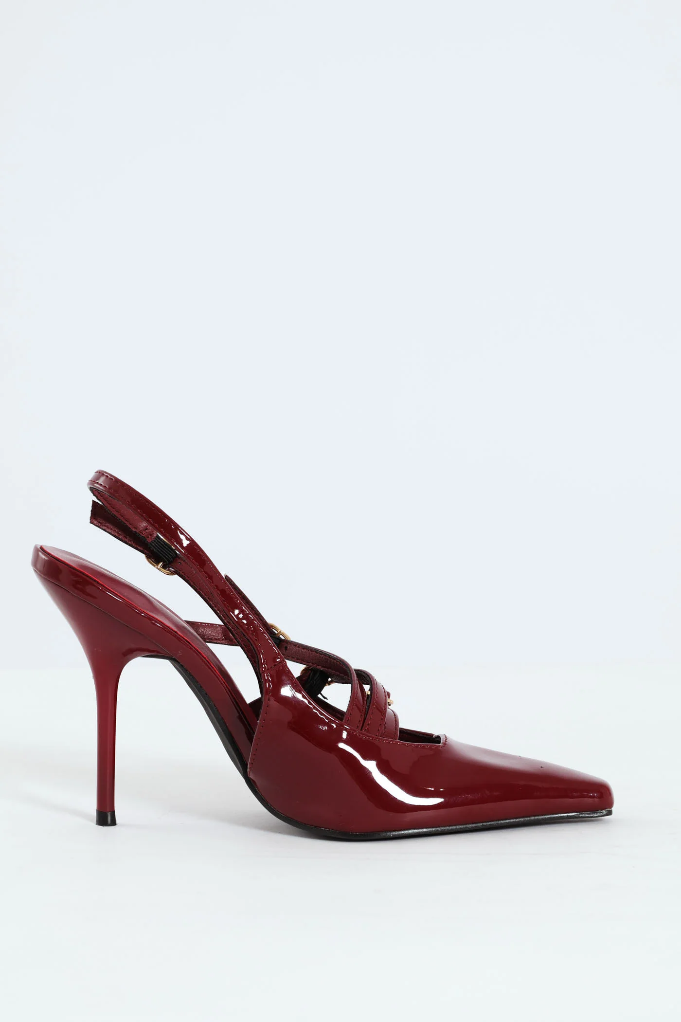 Patent Pointy Buckle Multistrap Slingback Heel - Burgundy - Image 5