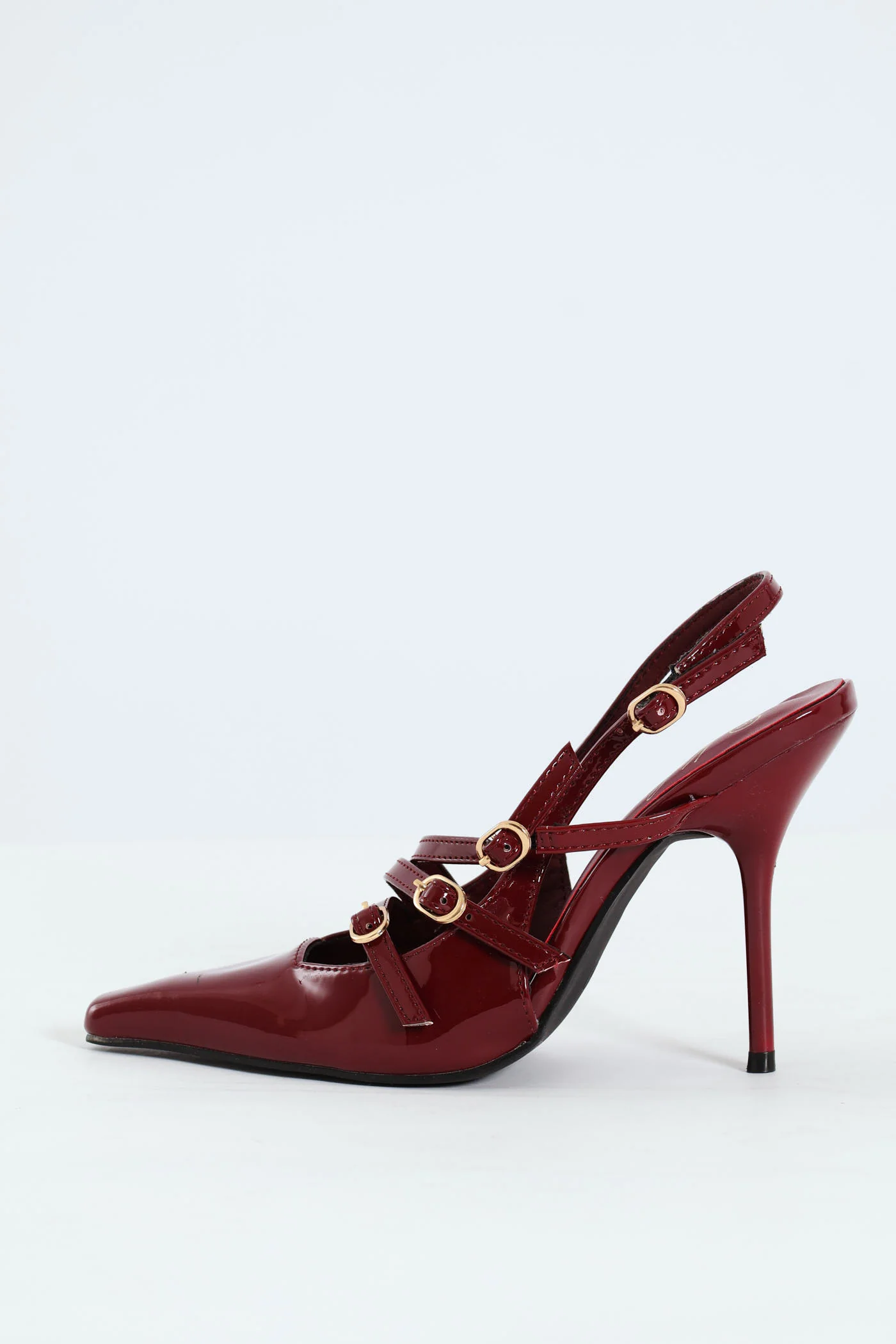 Patent Pointy Buckle Multistrap Slingback Heel - Burgundy - Image 6