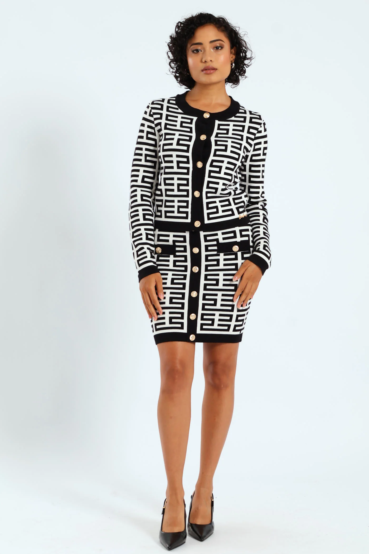 Patterned Knit Cardigan - White/Black - Image 2