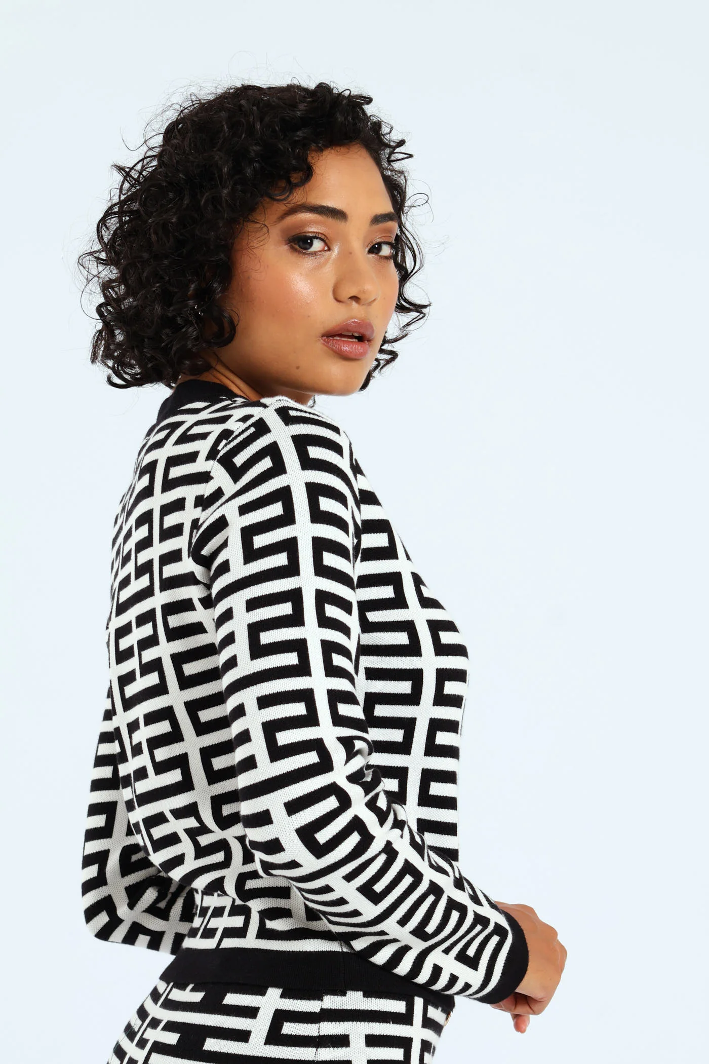 Patterned Knit Cardigan - White/Black - Image 3