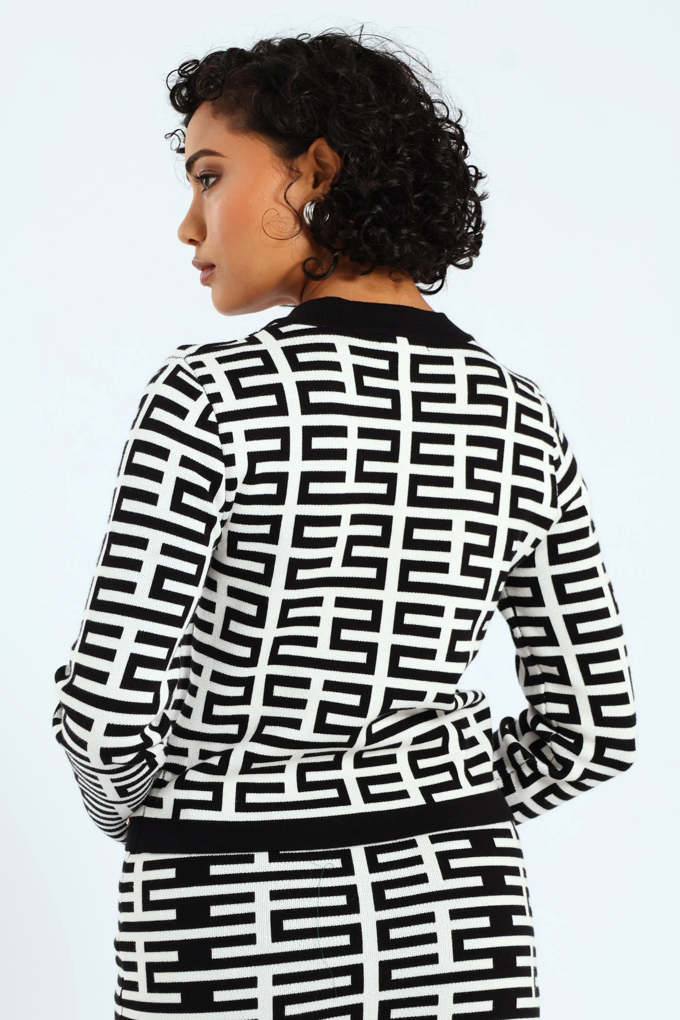 Patterned Knit Cardigan - White/Black - Image 4