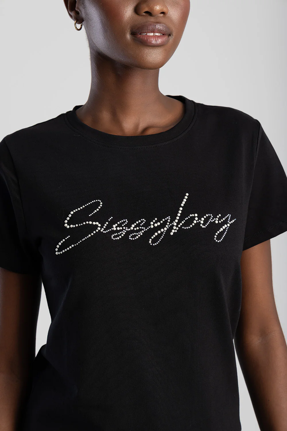 Pearl & Diamante Logo Transfer T-Shirt - Black - Image 2