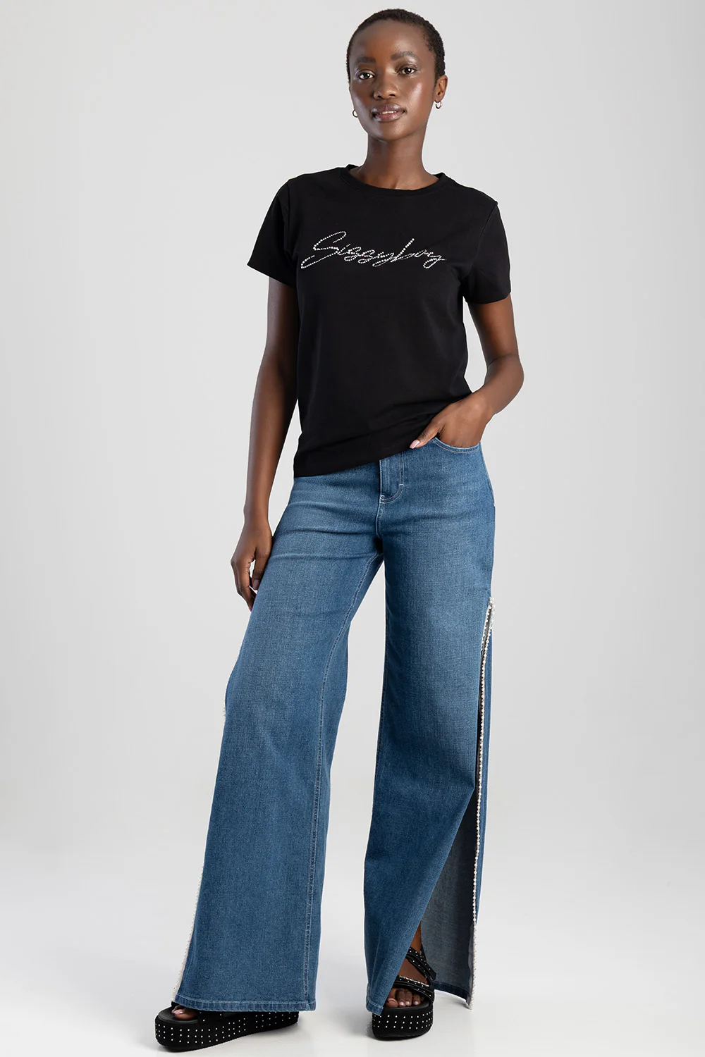 Pearl & Diamante Logo Transfer T-Shirt - Black - Image 3
