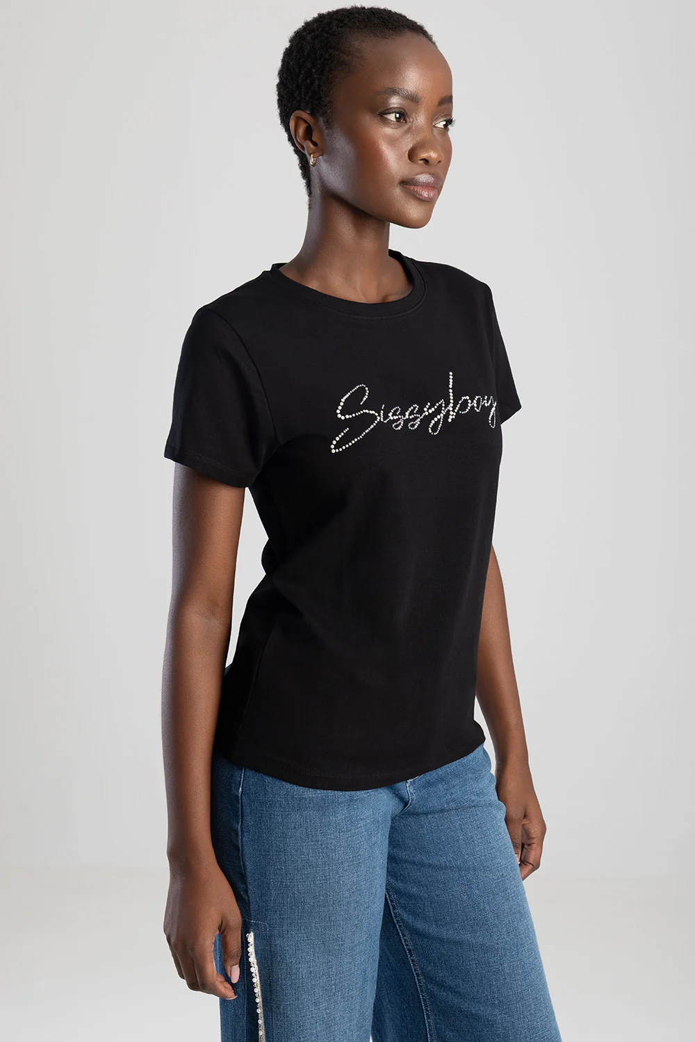 Pearl & Diamante Logo Transfer T-Shirt - Black - Image 5