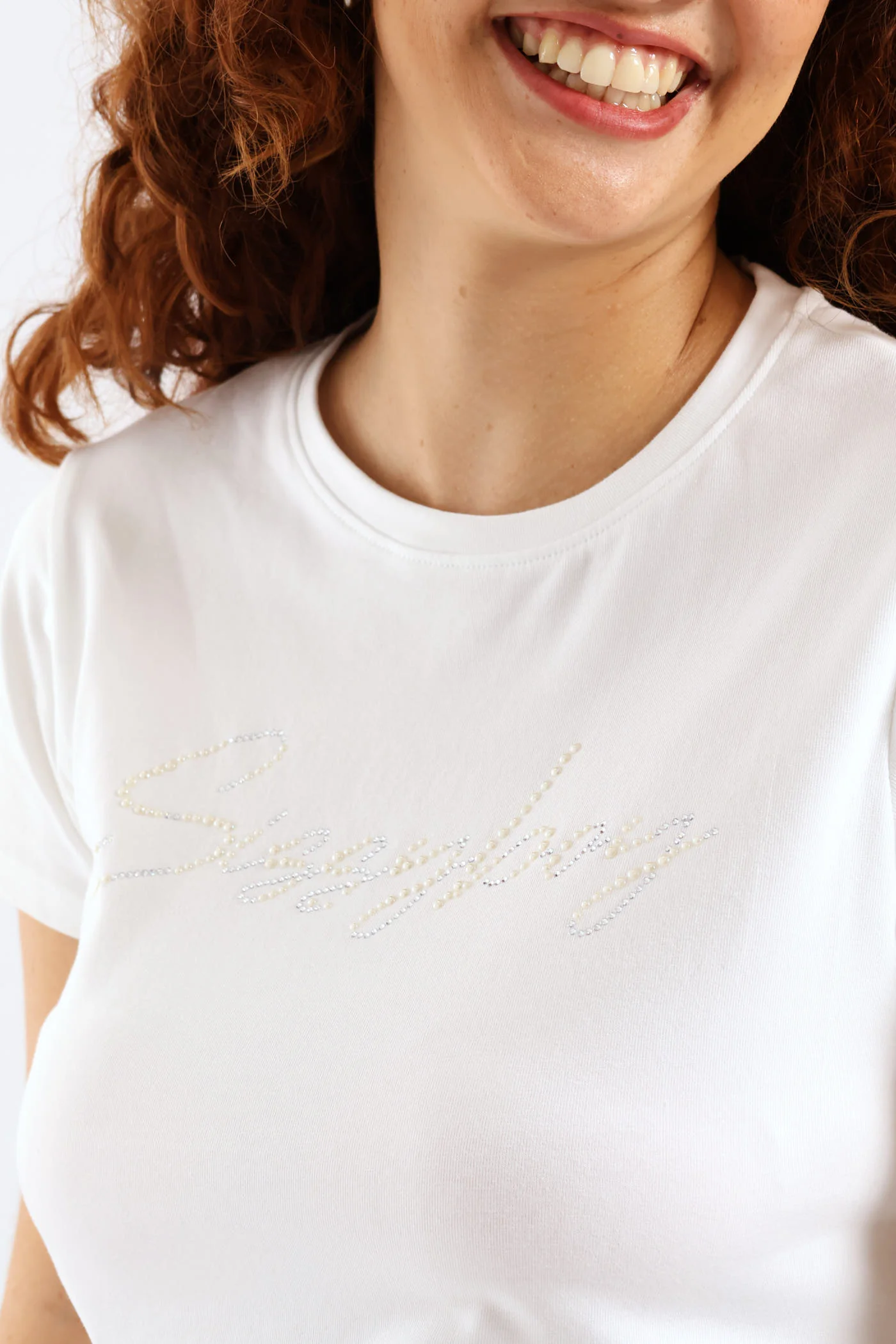 Pearl & Diamante Logo Transfer Tee - White - Image 10