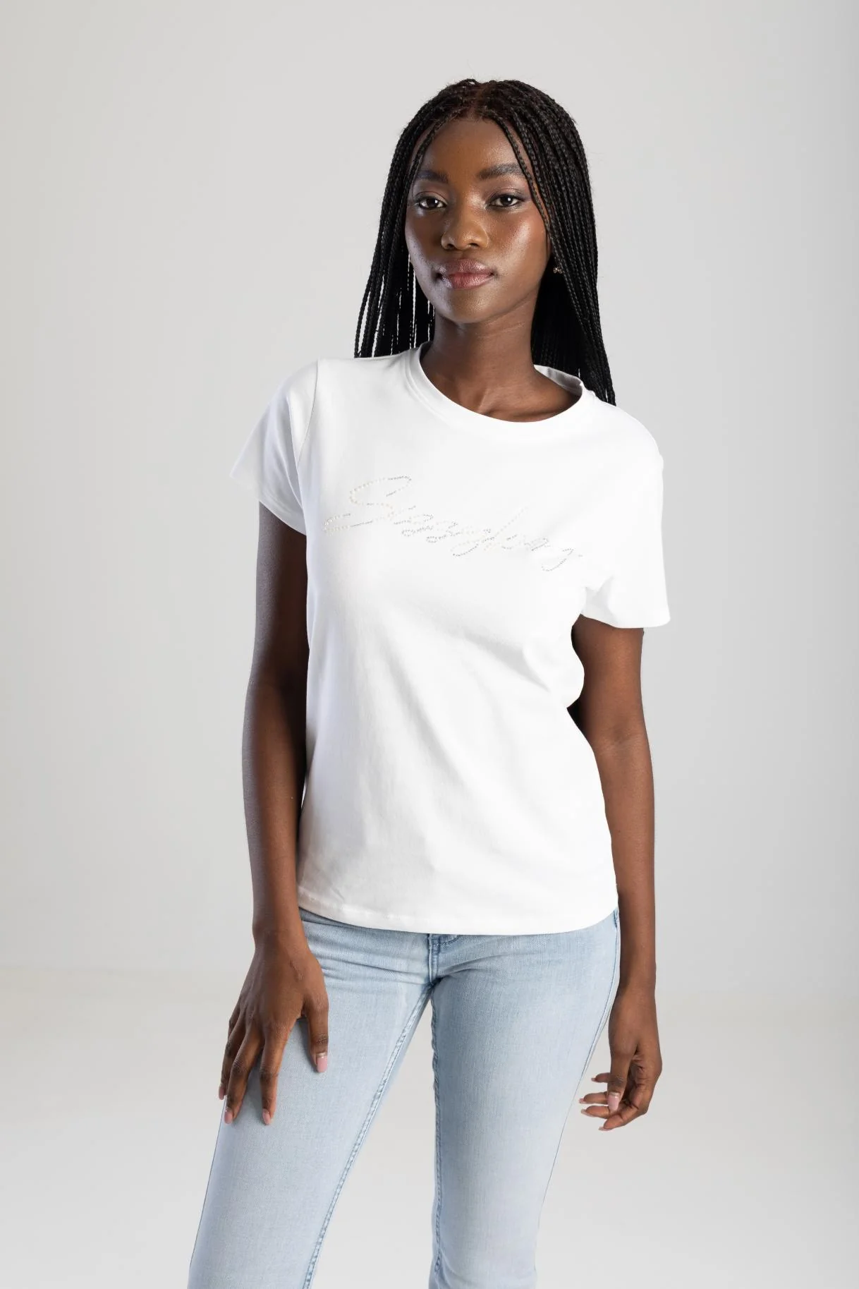 Pearl & Diamante Logo Transfer Tee - White - Image 5