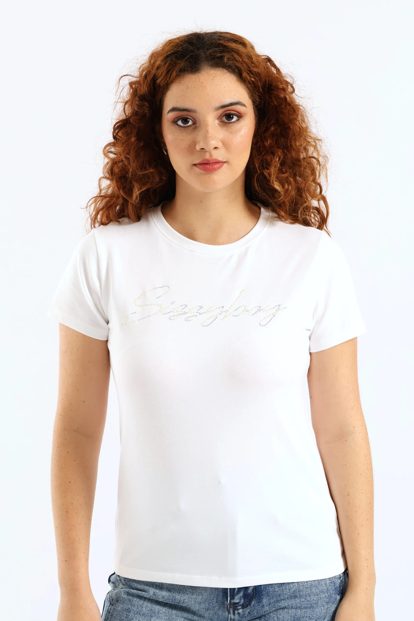Pearl & Diamante Logo Transfer Tee - White - Image 7