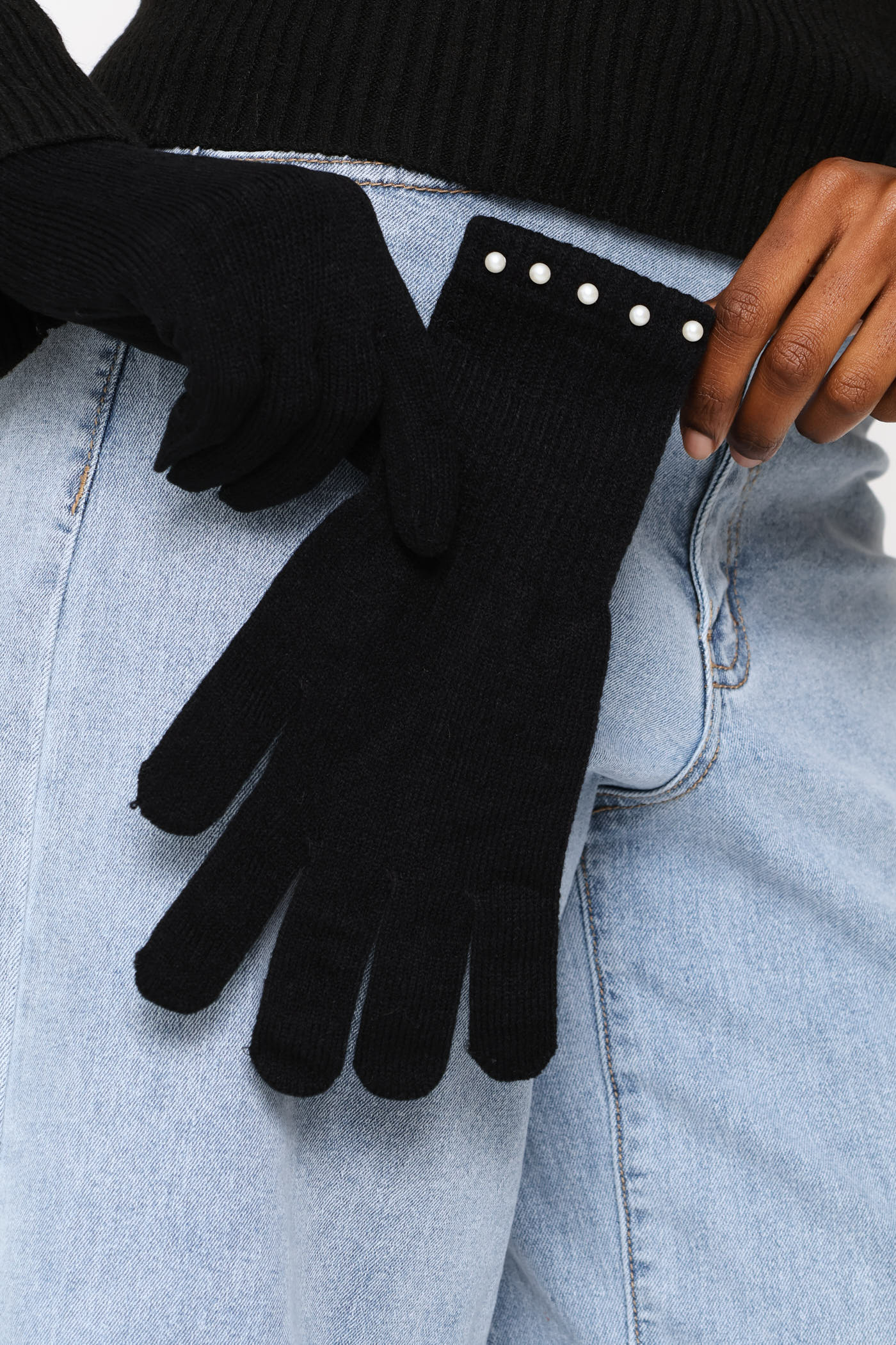 Pearl Bead Beanie & Glove Set - Black - Image 2