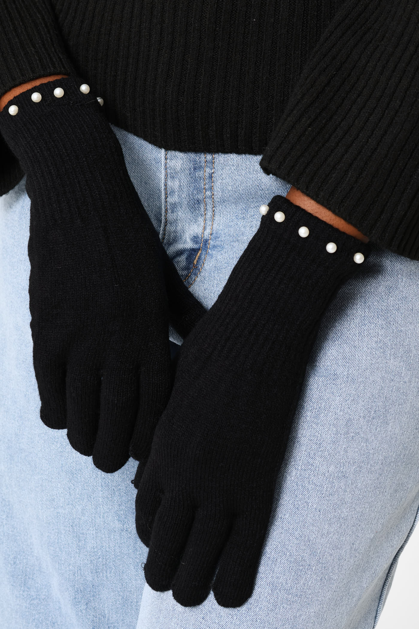 Pearl Bead Beanie & Glove Set - Black - Image 4
