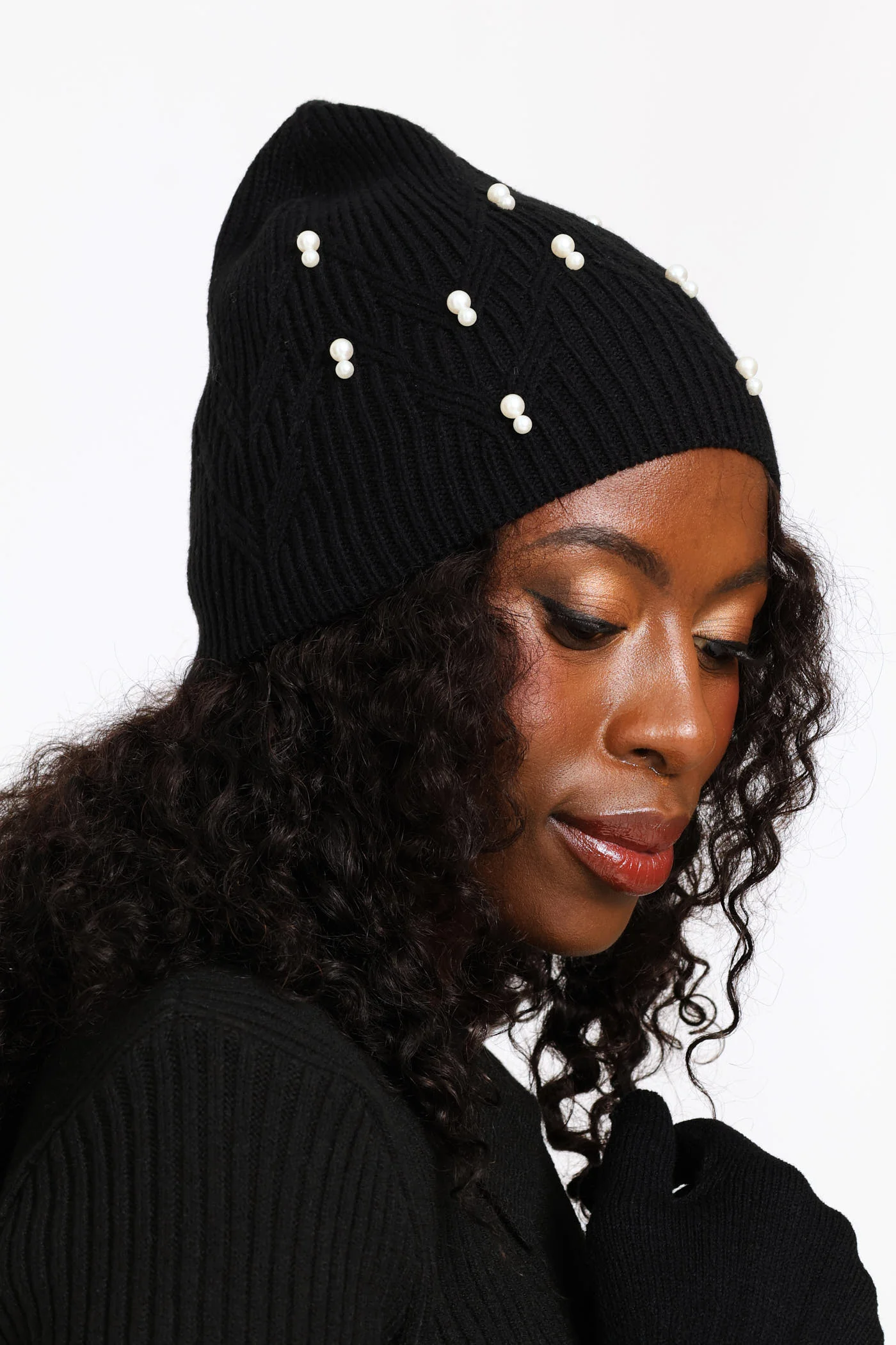 Pearl Bead Beanie & Glove Set - Black - Image 5