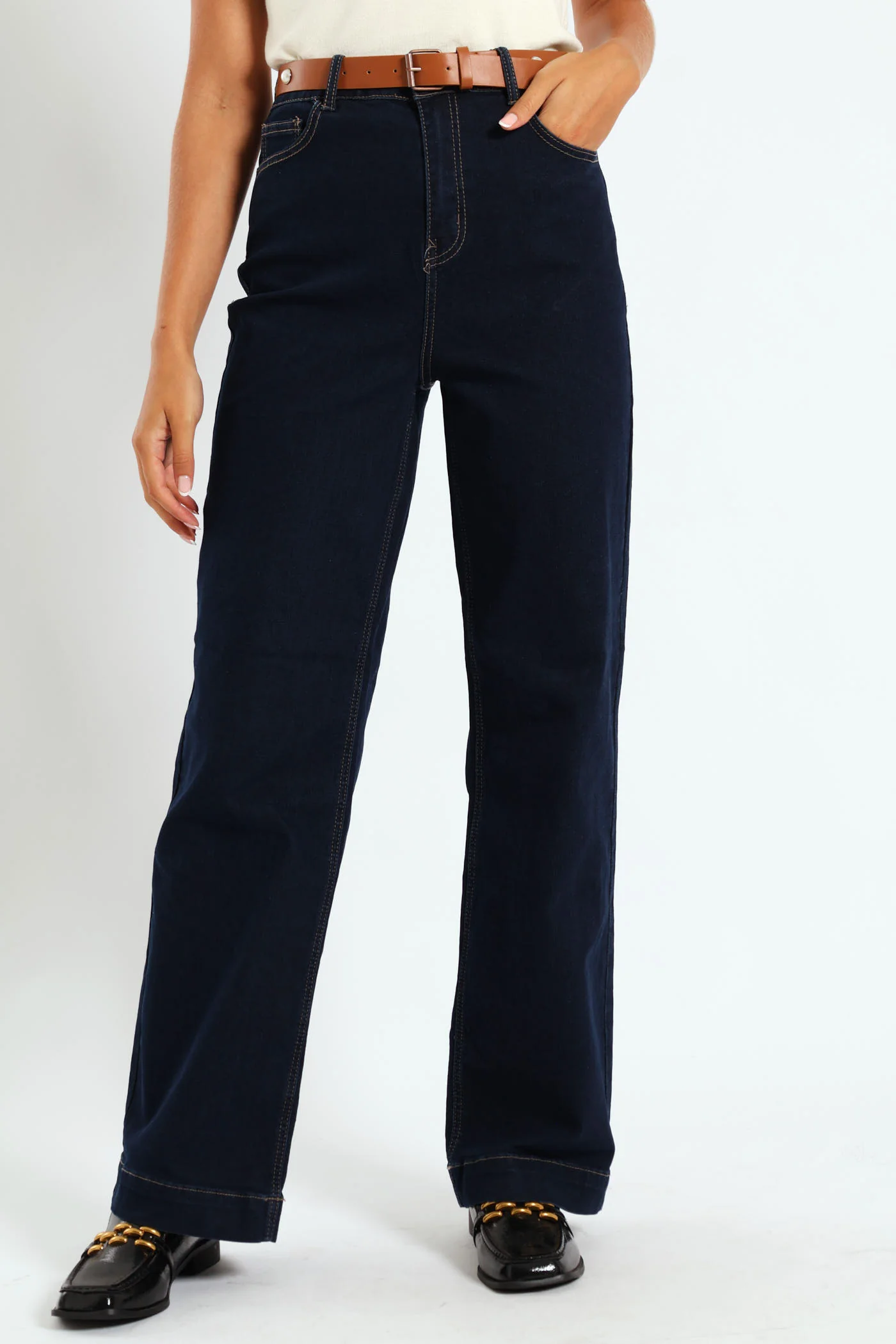 Pearl Belted Wide Leg Jean - Dark Wash Ink - Image 2