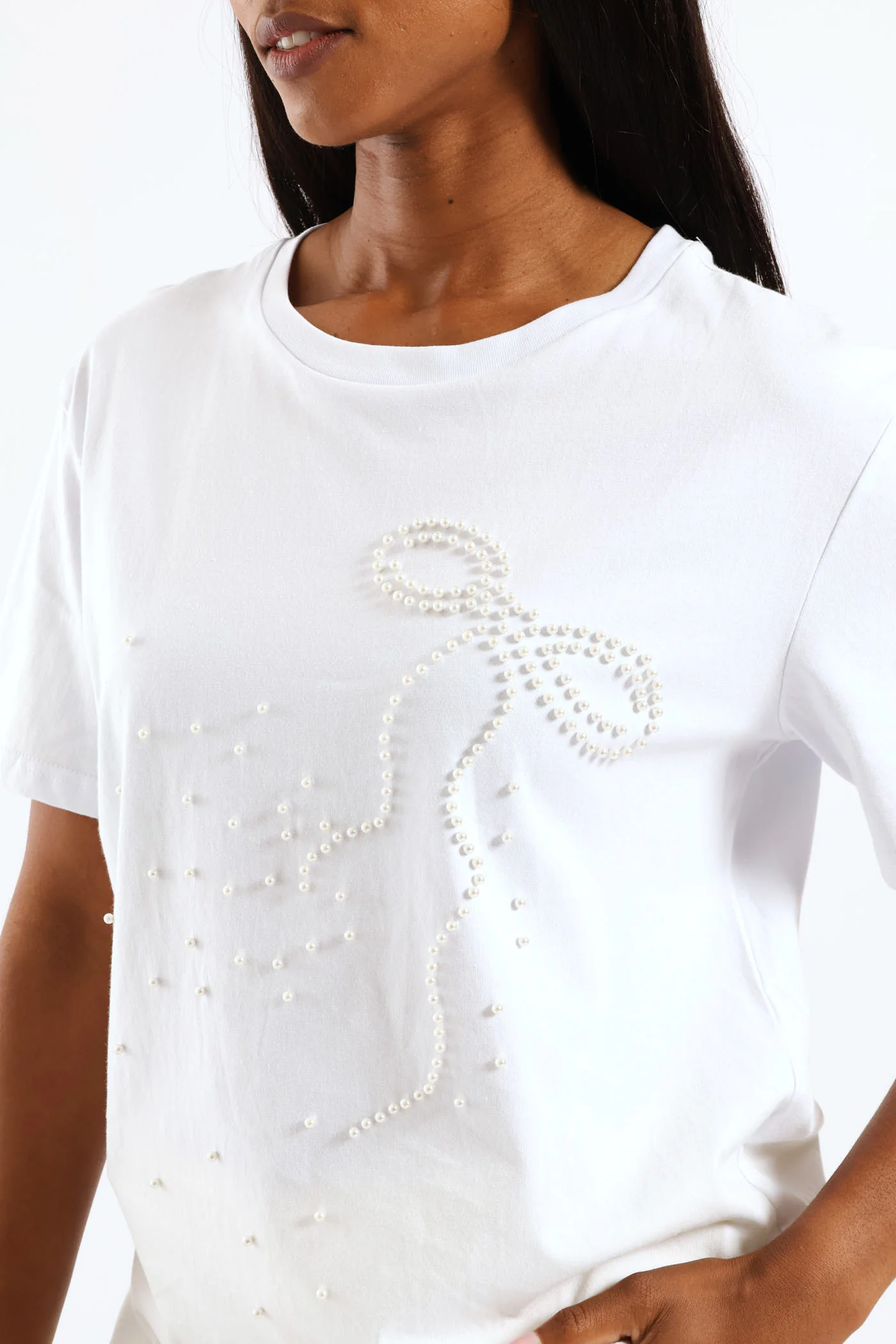 Pearl Bow Embroidered Tee - White - Image 2