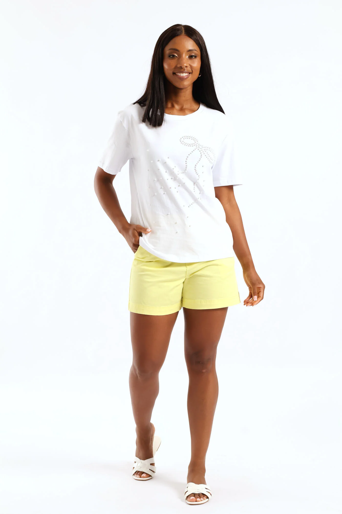 Pearl Bow Embroidered Tee - White - Image 5