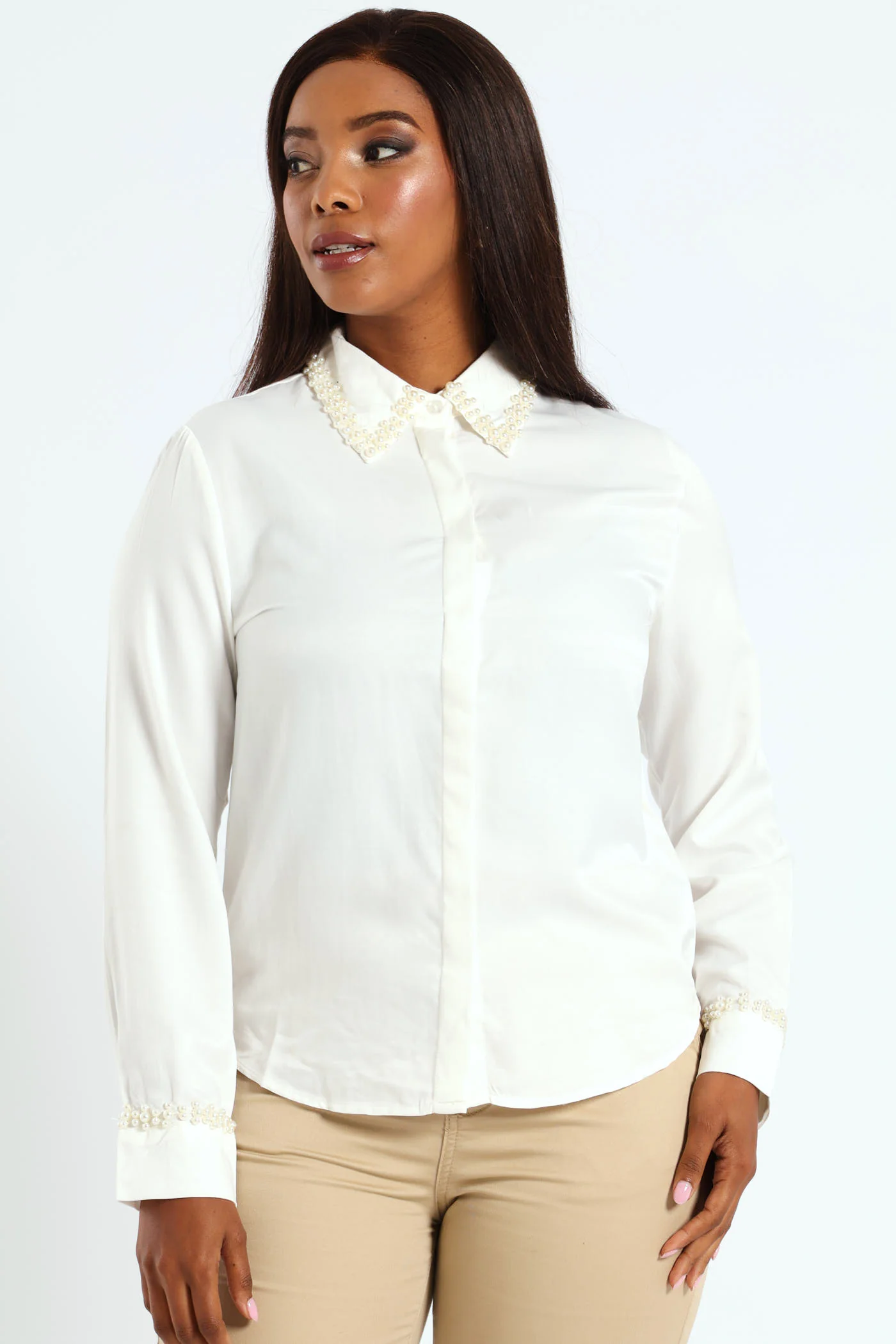 Pearl Collared Satin Shirt - Cream - Image 3