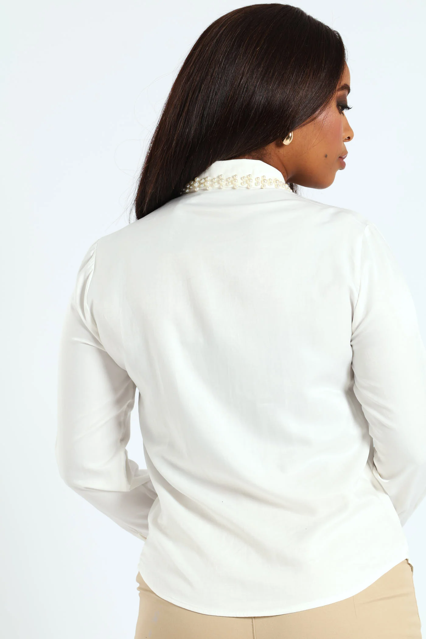 Pearl Collared Satin Shirt - Cream - Image 4