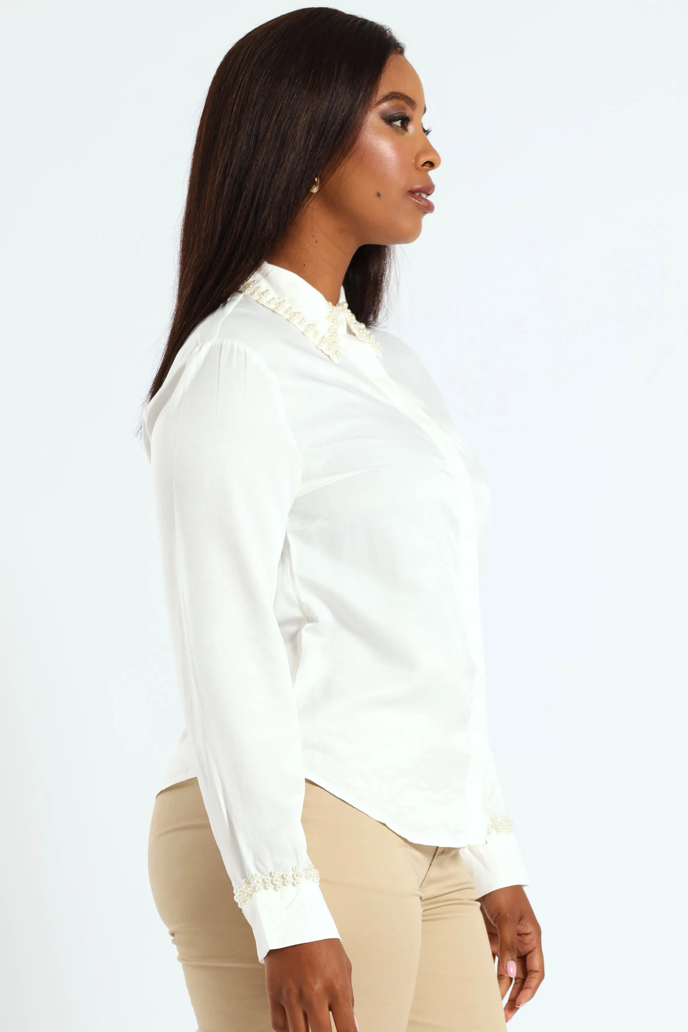 Pearl Collared Satin Shirt - Cream - Image 5