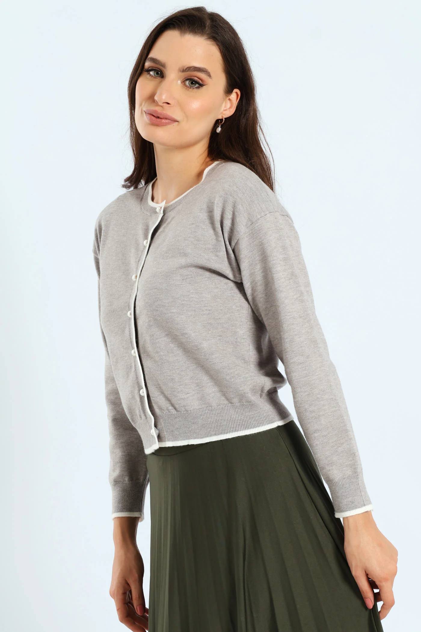 Pearl Detail Cardigan - Light Grey - Image 2