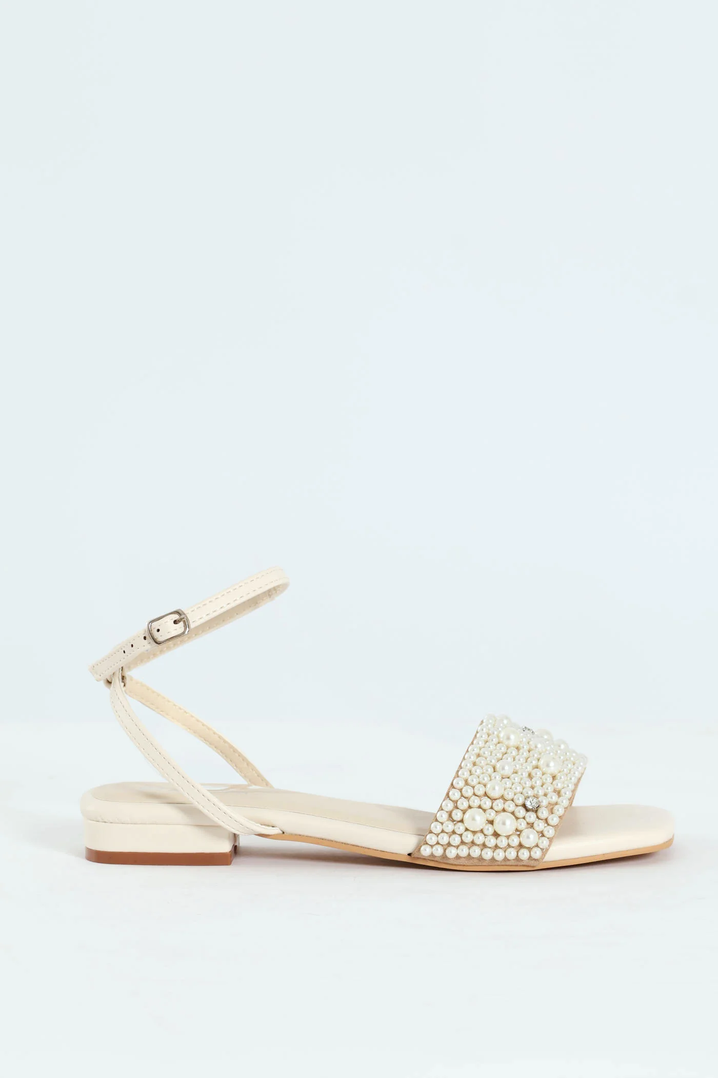 Pearl Detail Low Block Heel Sandal - White - Image 2