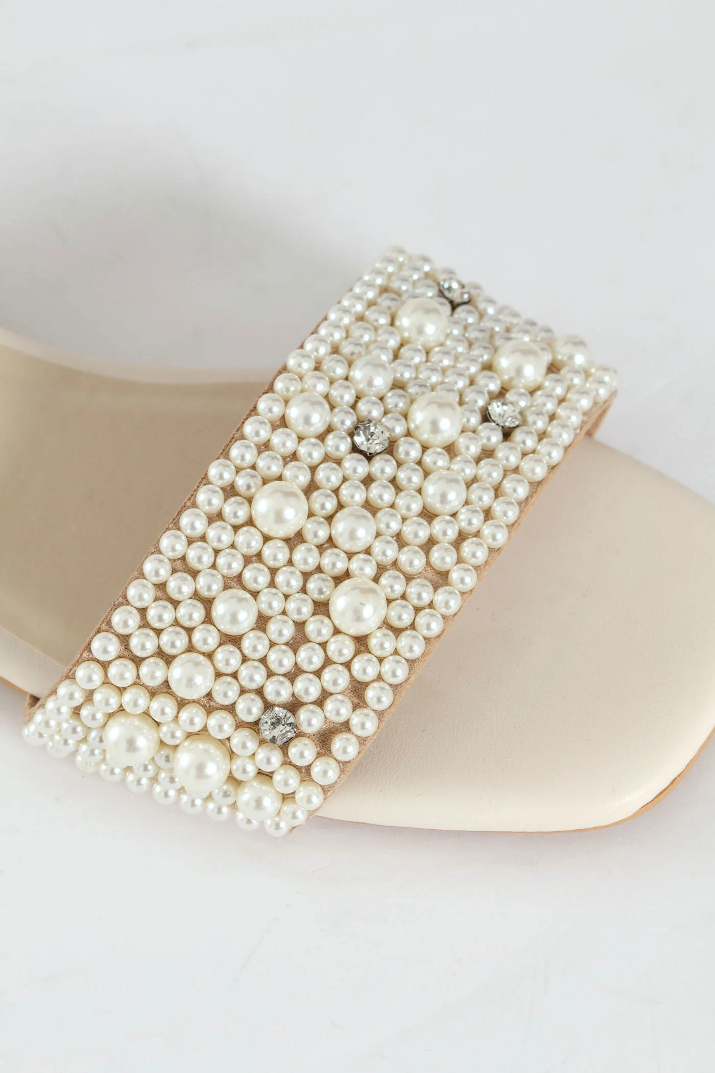 Pearl Detail Low Block Heel Sandal - White - Image 3