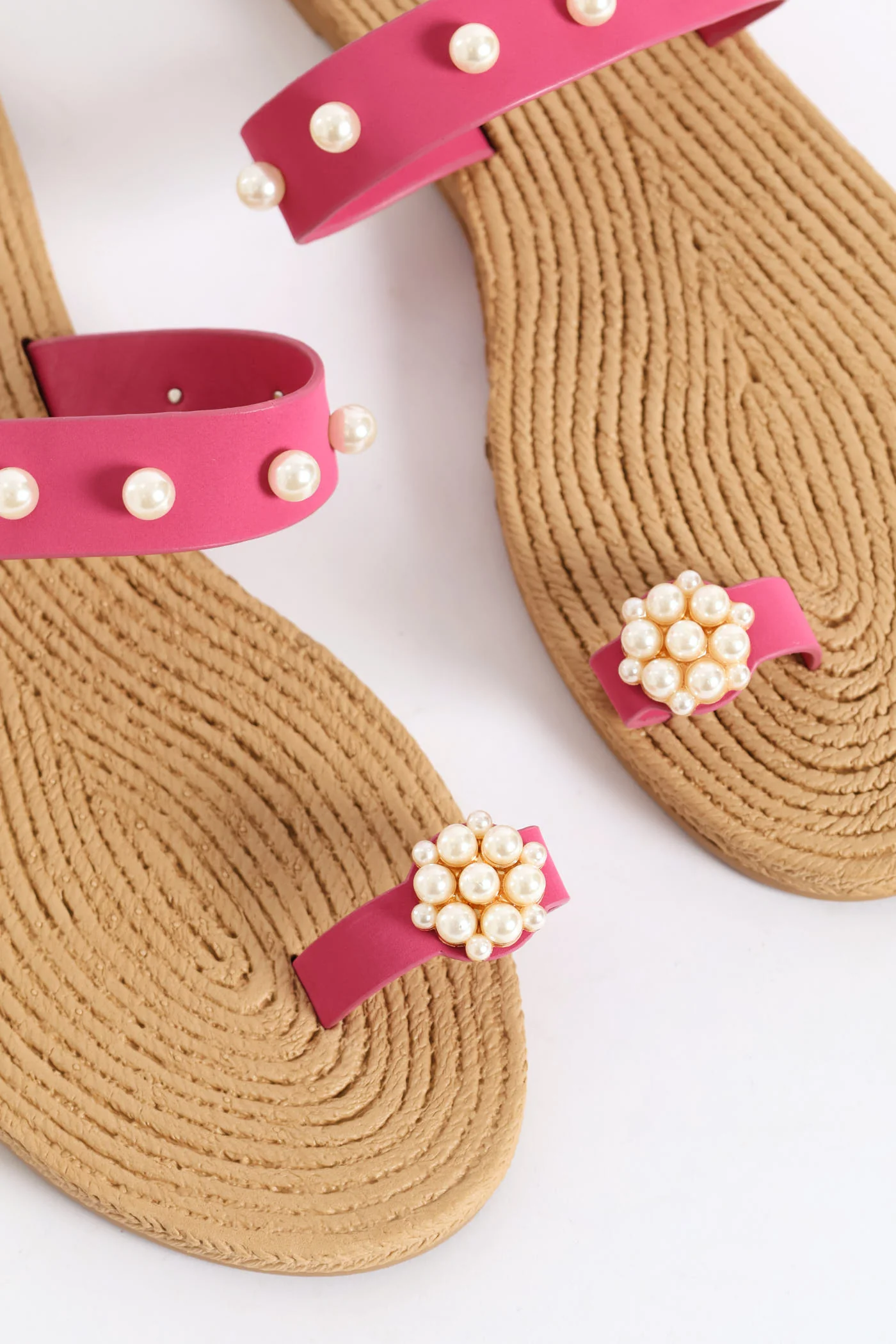 Pearl Detail Toe Post Thin Strap Sandal - Cerise - Image 2