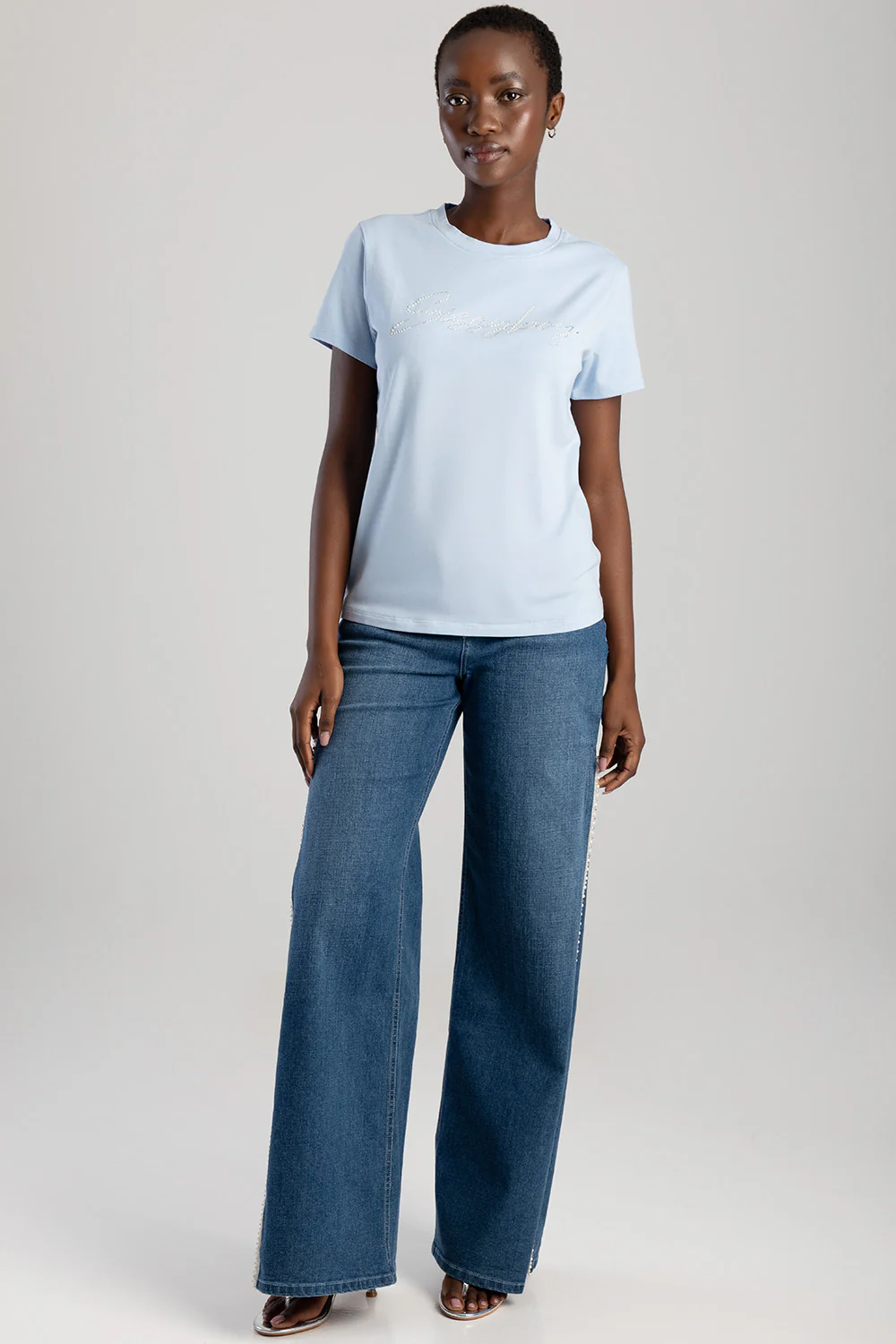 Pearl & Diamante Logo Transfer Regular T-Shirt - Pale Blue - Image 3