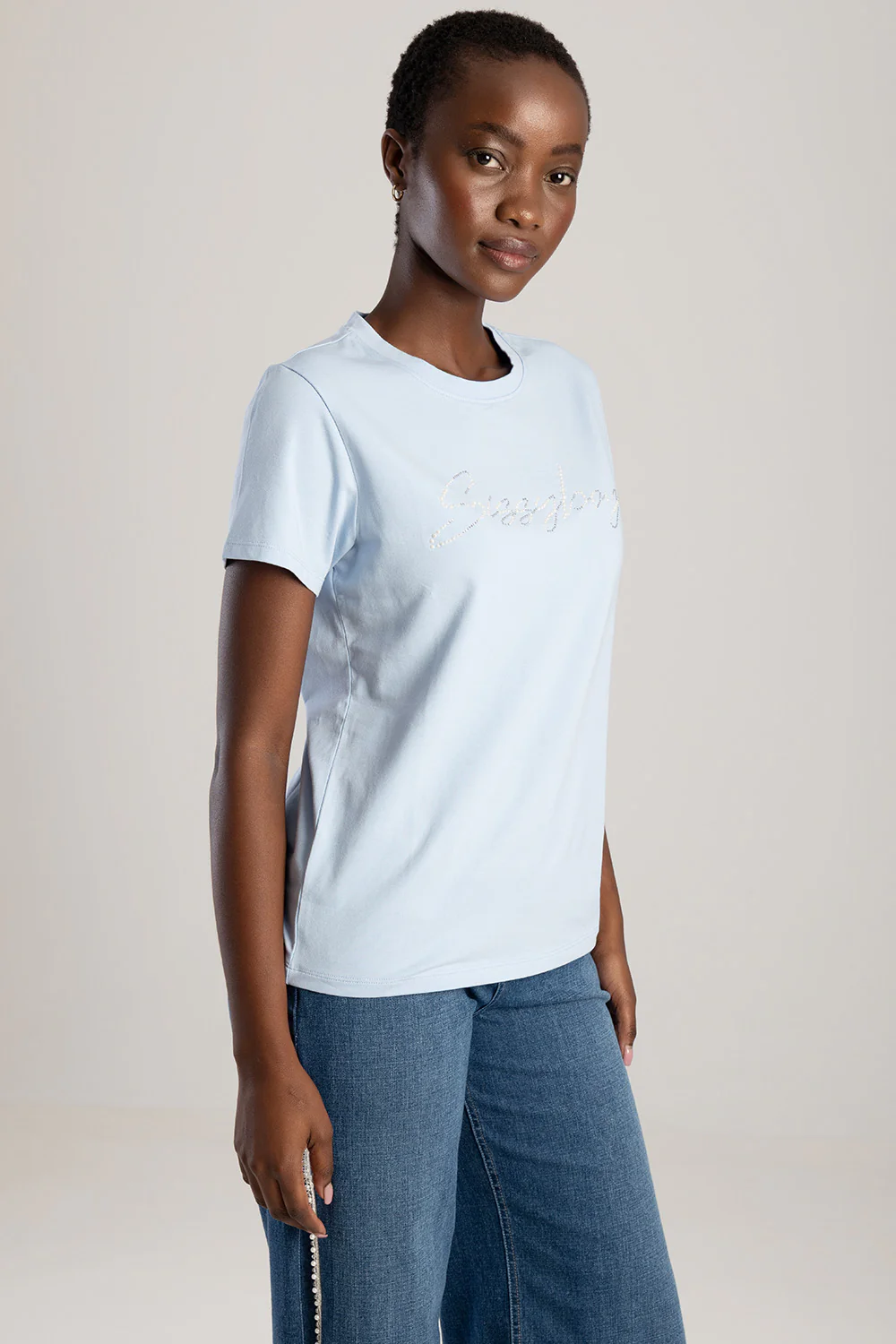 Pearl & Diamante Logo Transfer Regular T-Shirt - Pale Blue - Image 4