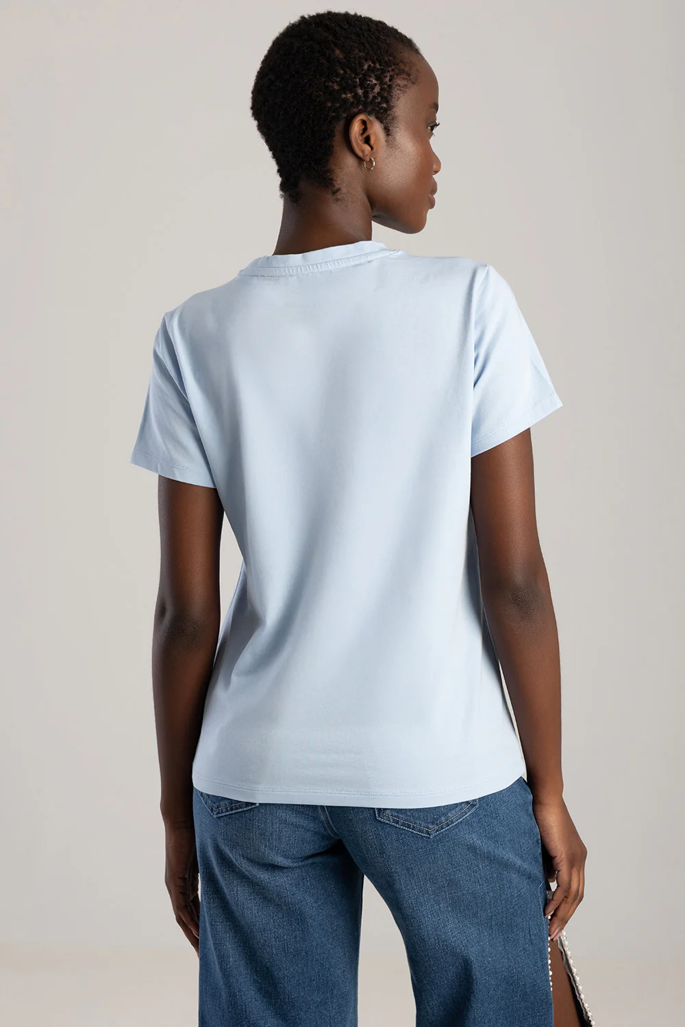 Pearl & Diamante Logo Transfer Regular T-Shirt - Pale Blue - Image 5