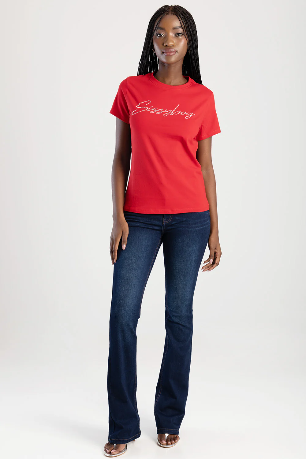 Pearl & Diamante Logo Transfer Regular T-Shirt - Red - Image 4