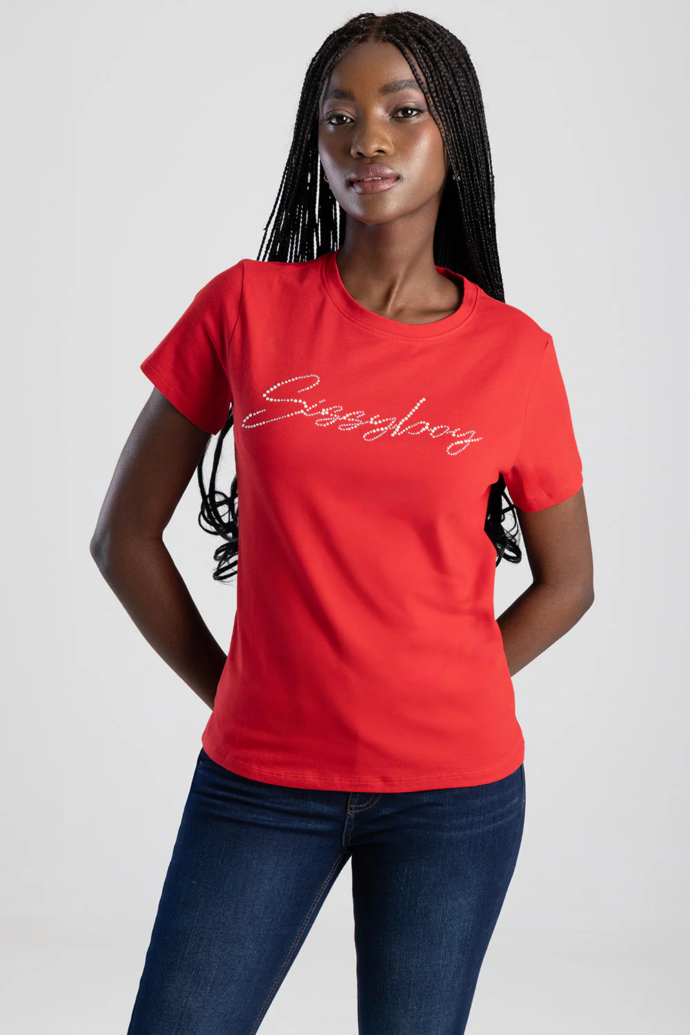 Pearl & Diamante Logo Transfer Regular T-Shirt - Red - Image 6