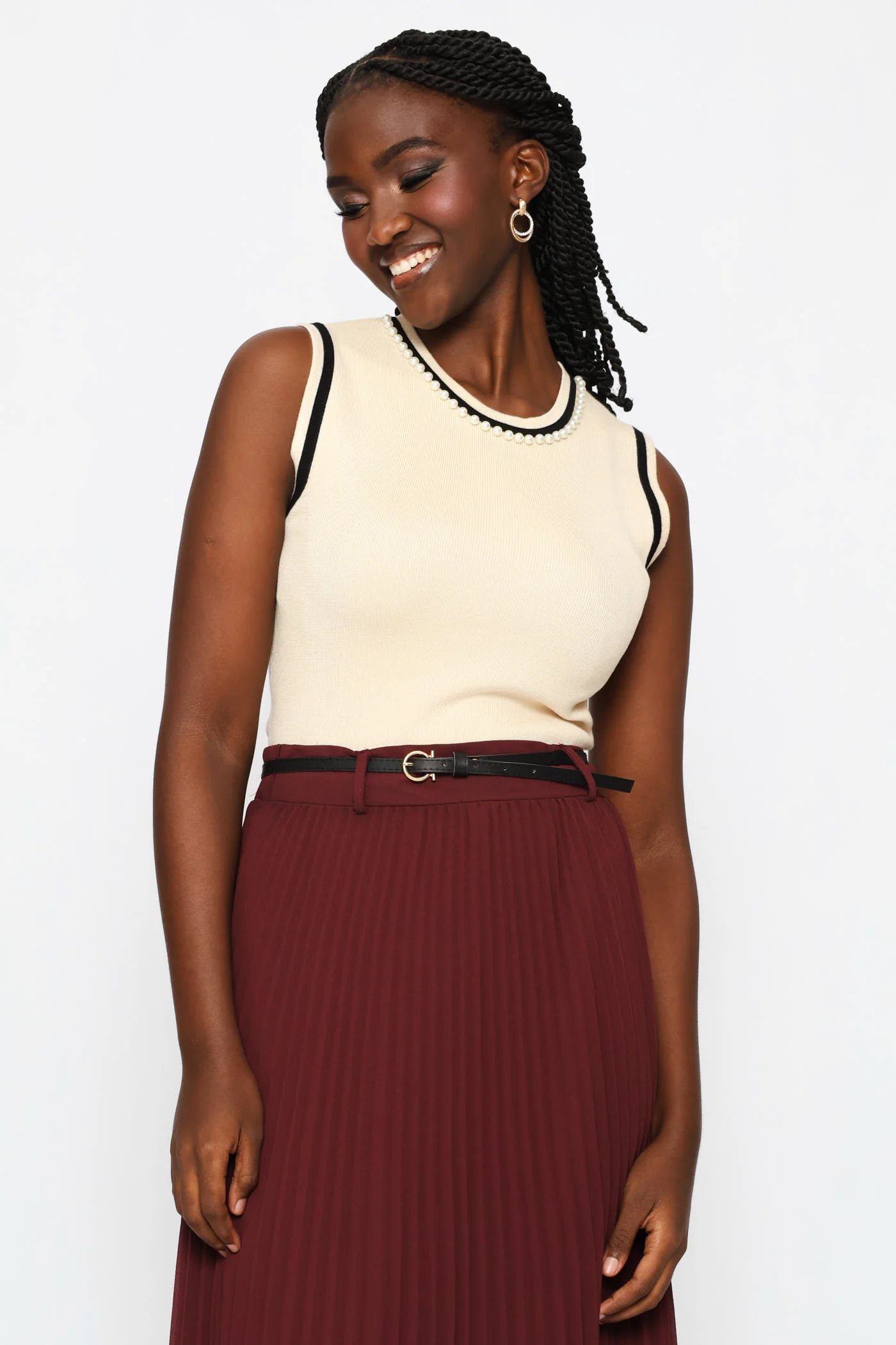 Pearl Neck Contrast Tank - Latte - Image 4