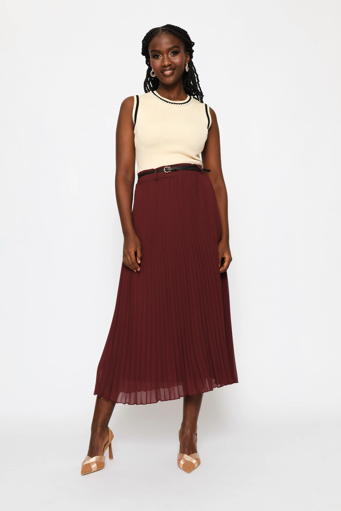 Pearl Neck Contrast Tank - Latte - Image 7