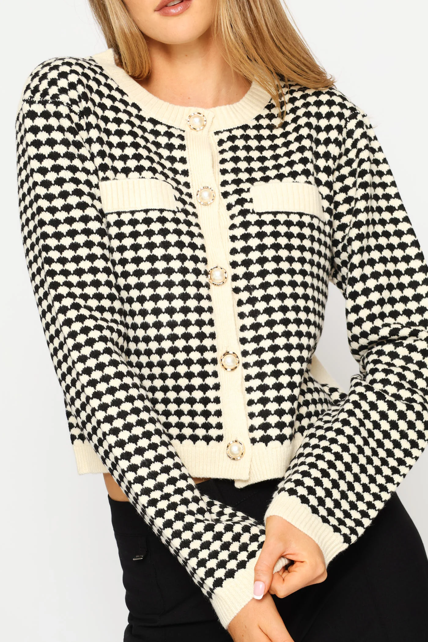 Pearl Textured Button Cardigan - Black/Cream - Image 2