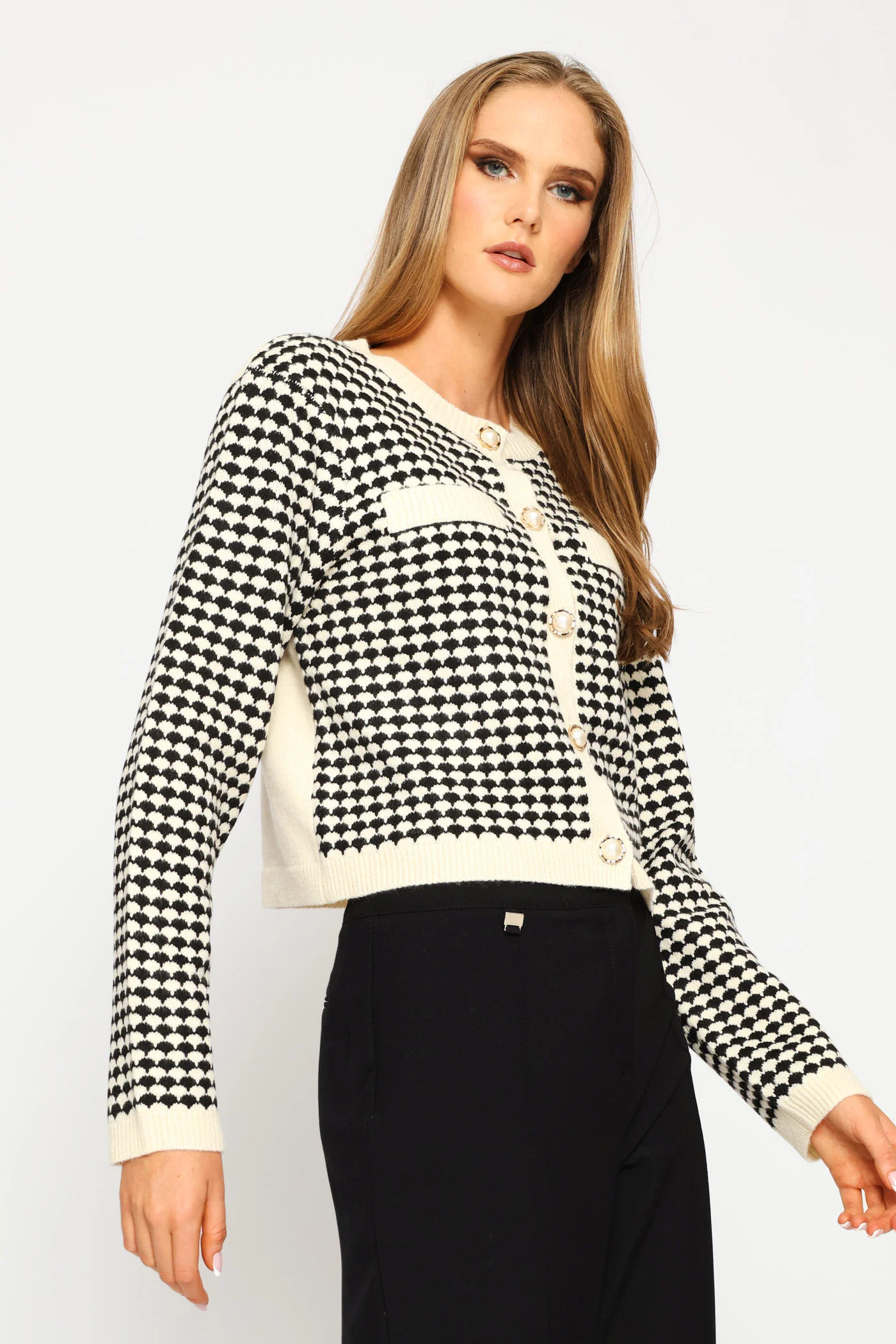 Pearl Textured Button Cardigan - Black/Cream - Image 3