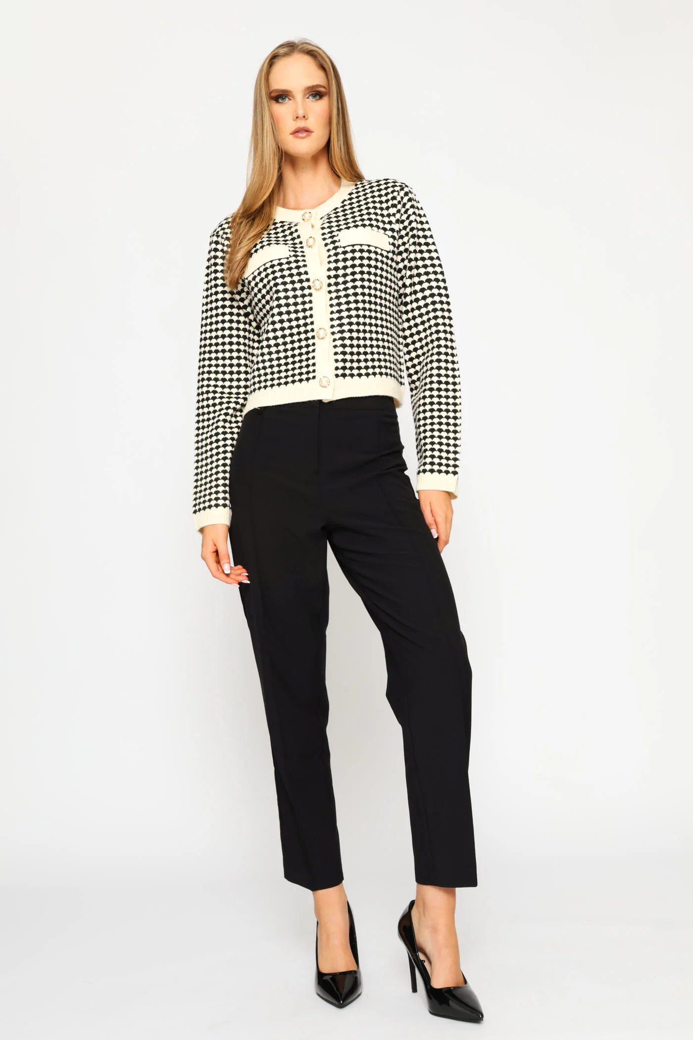 Pearl Textured Button Cardigan - Black/Cream - Image 6
