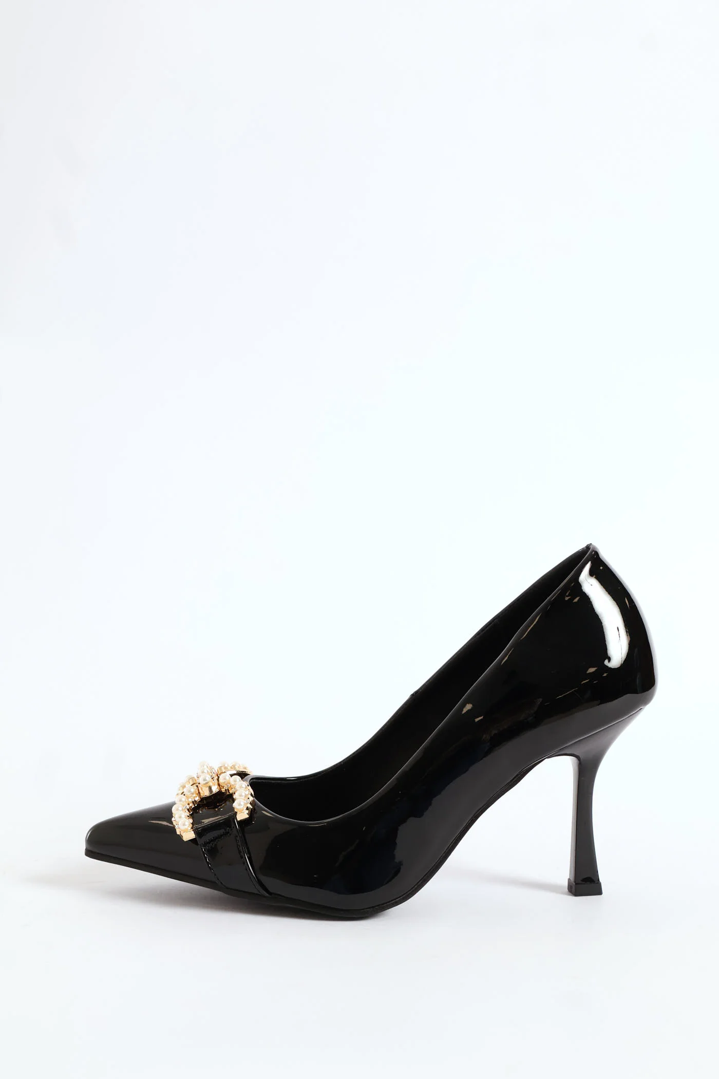 Pearl Trim Pointy Kitten Court Heel - Black - Image 4
