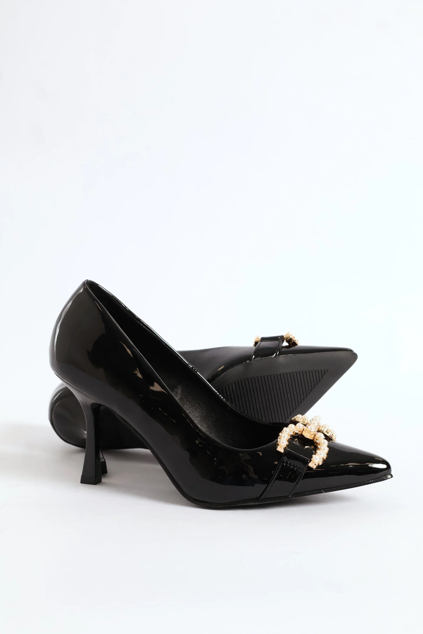 Pearl Trim Pointy Kitten Court Heel - Black - Image 6