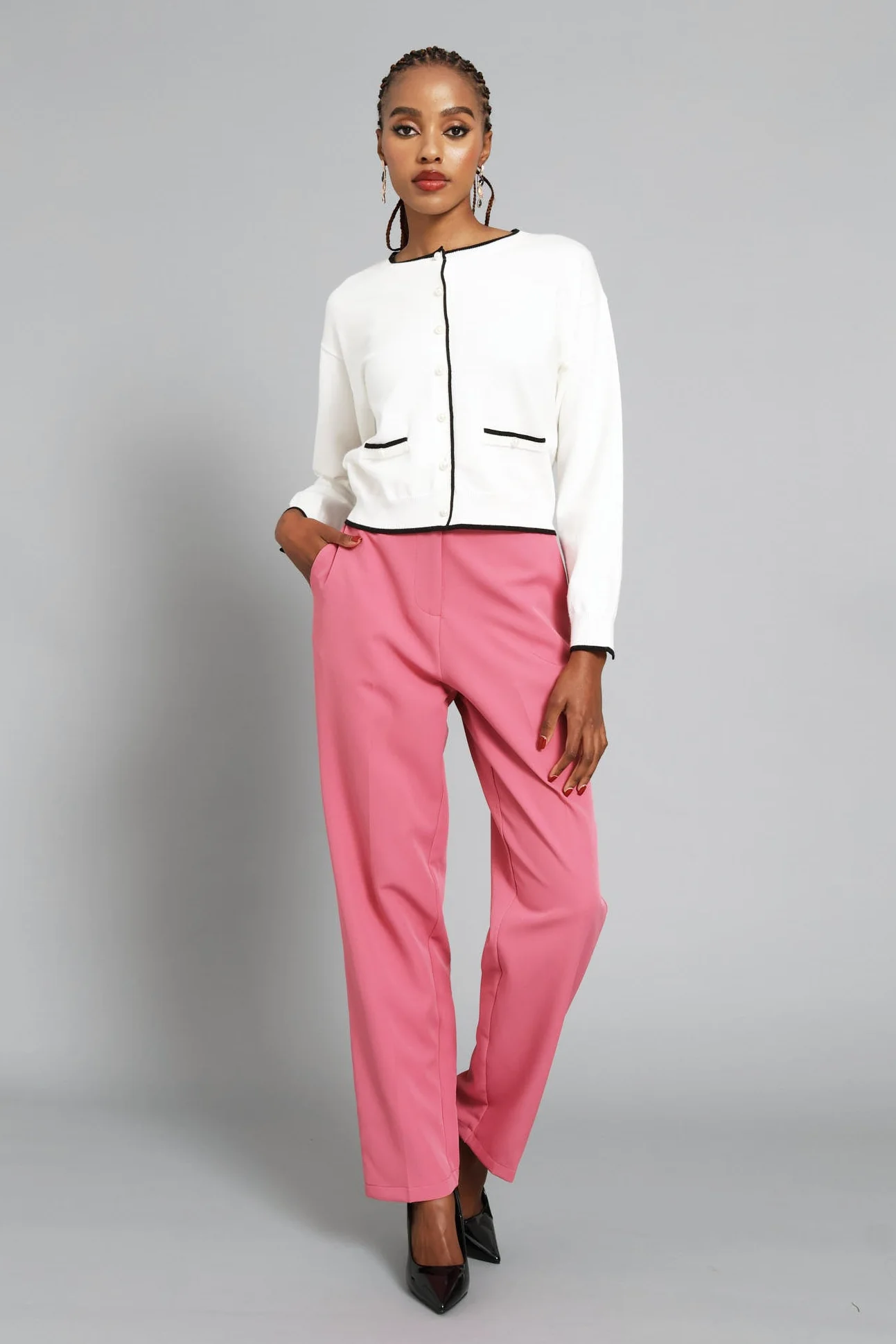 Pearl Welt Pocket Cardigan  - Cream/Black - Image 3
