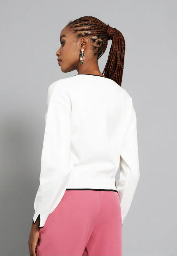 Pearl Welt Pocket Cardigan  - Cream/Black - Image 5
