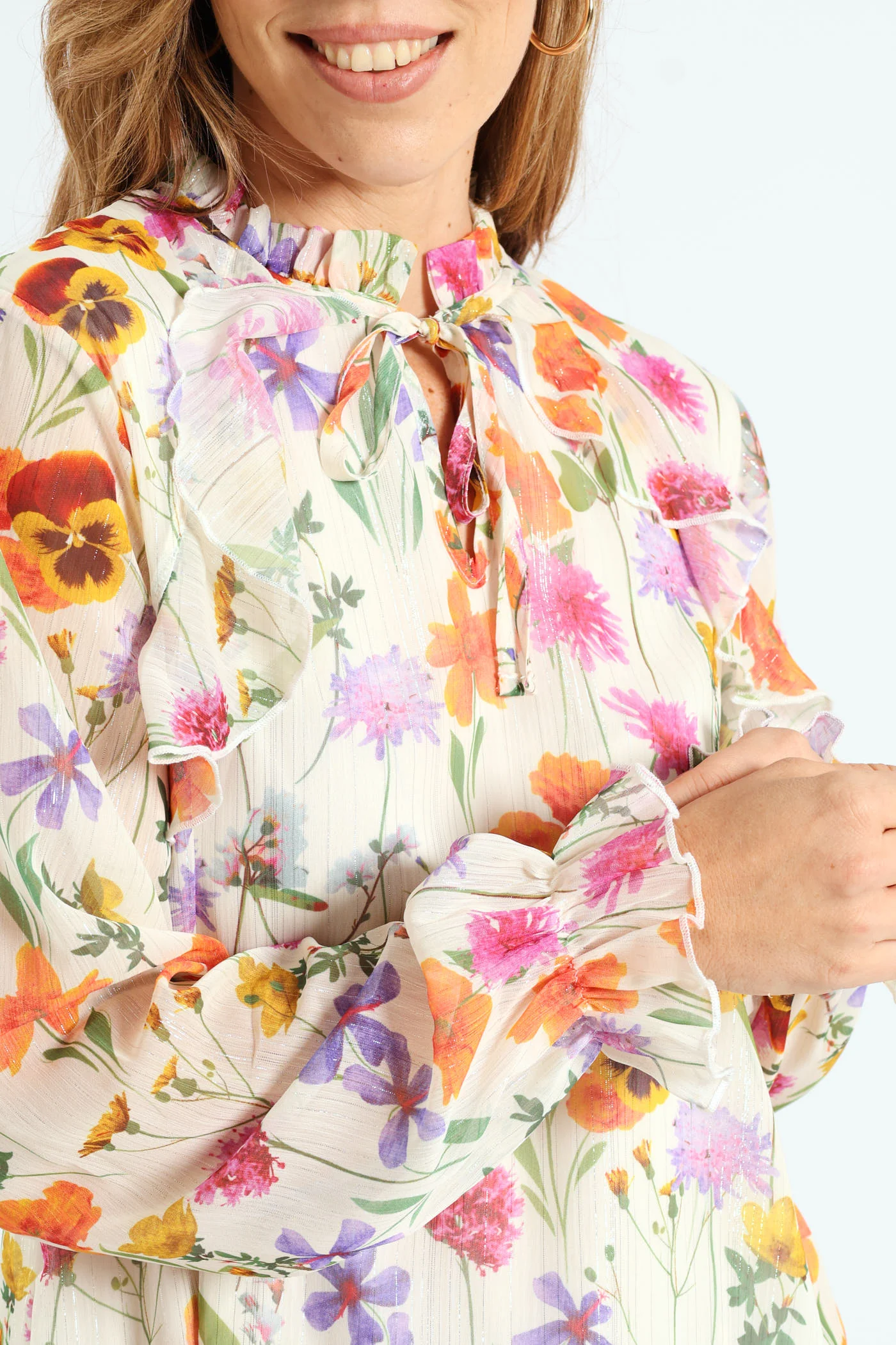 Peasant Tie Up Frill Blouse - Cream - Image 2